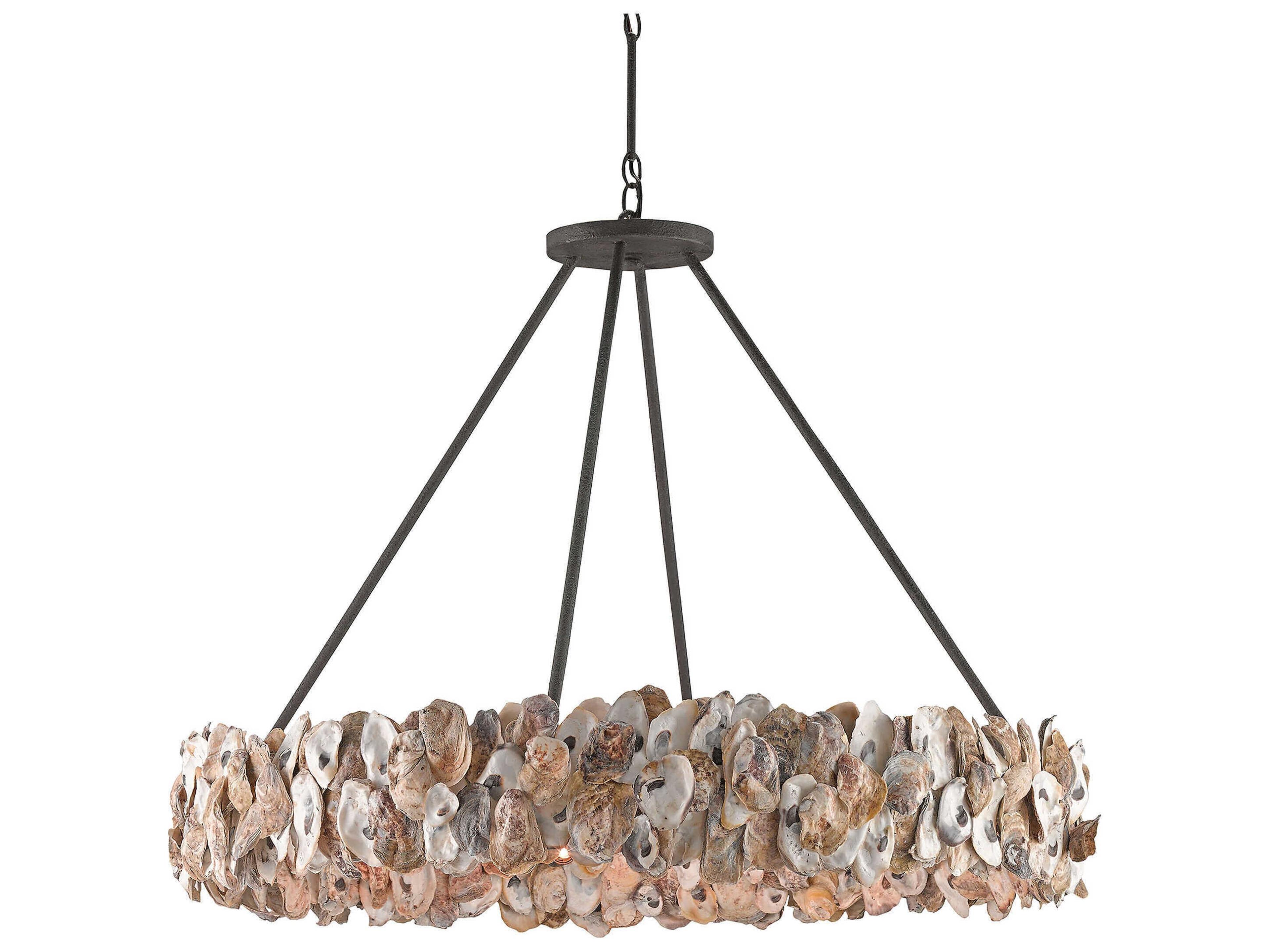 Oyster 8-Light Textured Bronze Natural Off White Round Pendant