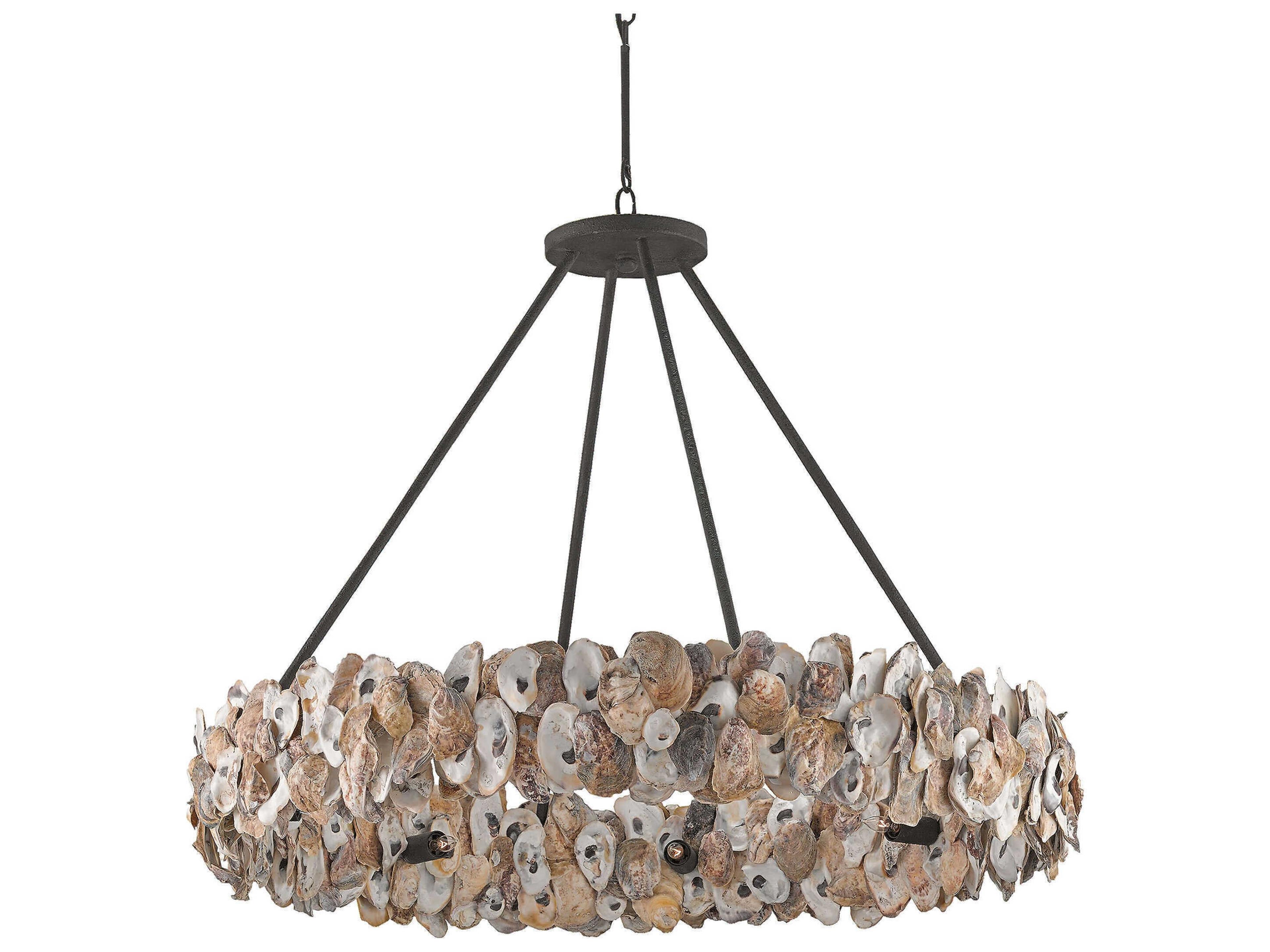 Currey & Company Oyster 8-Light Textured Bronze Natural Off White Round Pendant