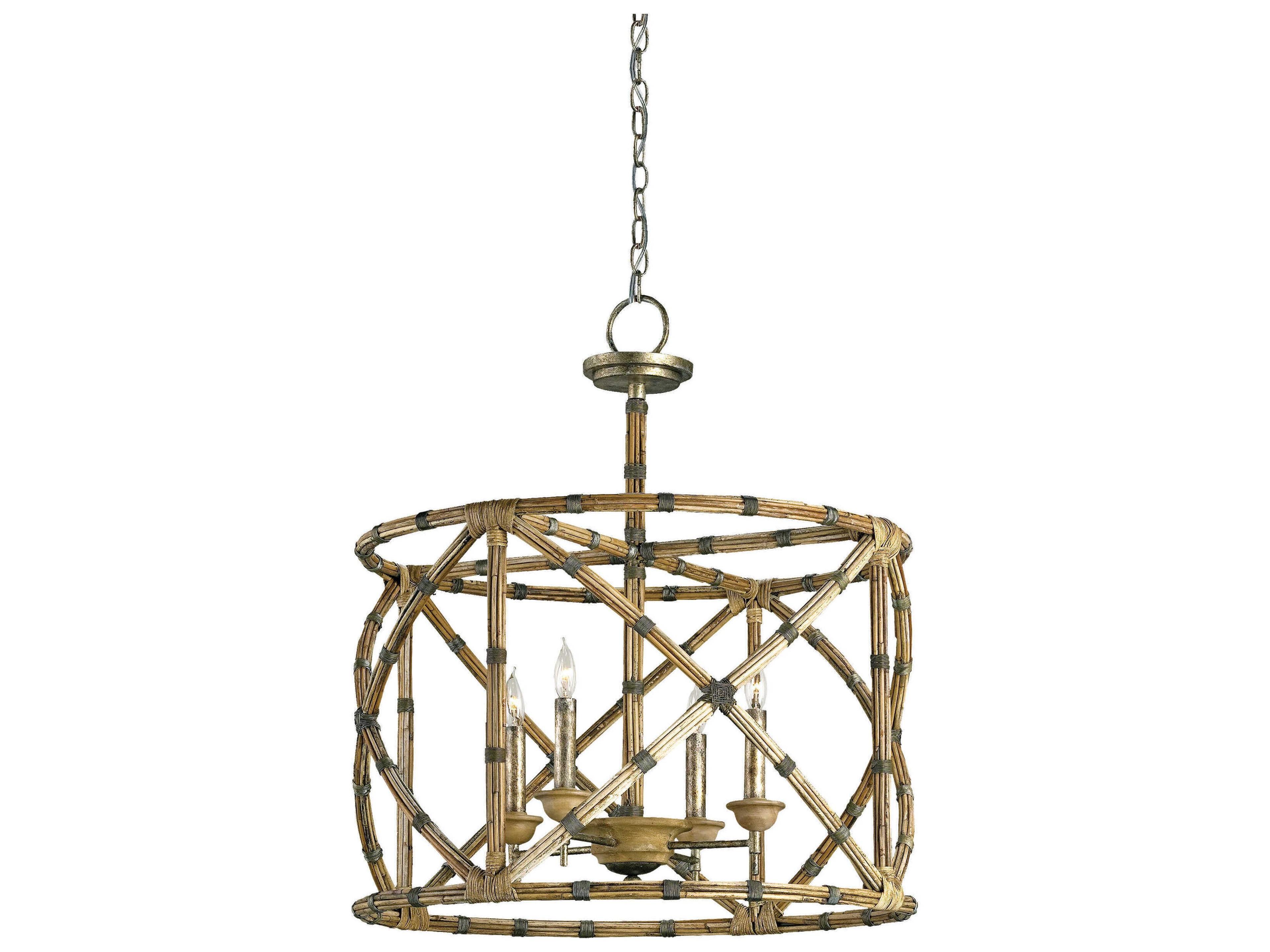 Currey & Company Palm Beach 4-Light Pyrite Bronze washed Wood natural Candelabra Lantern Chandelier