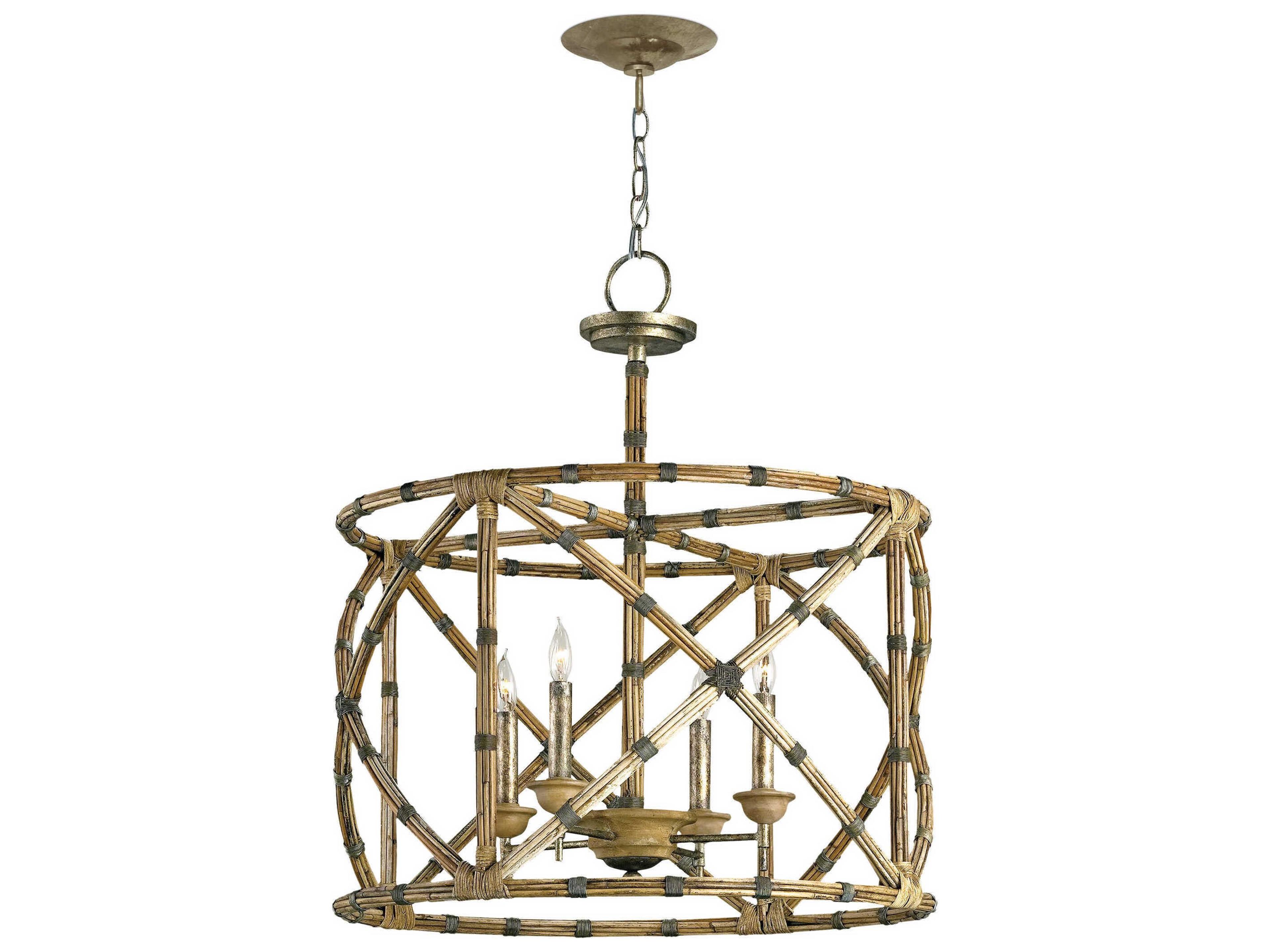 Currey & Company Palm Beach 4-Light Pyrite Bronze washed Wood natural Candelabra Lantern Chandelier