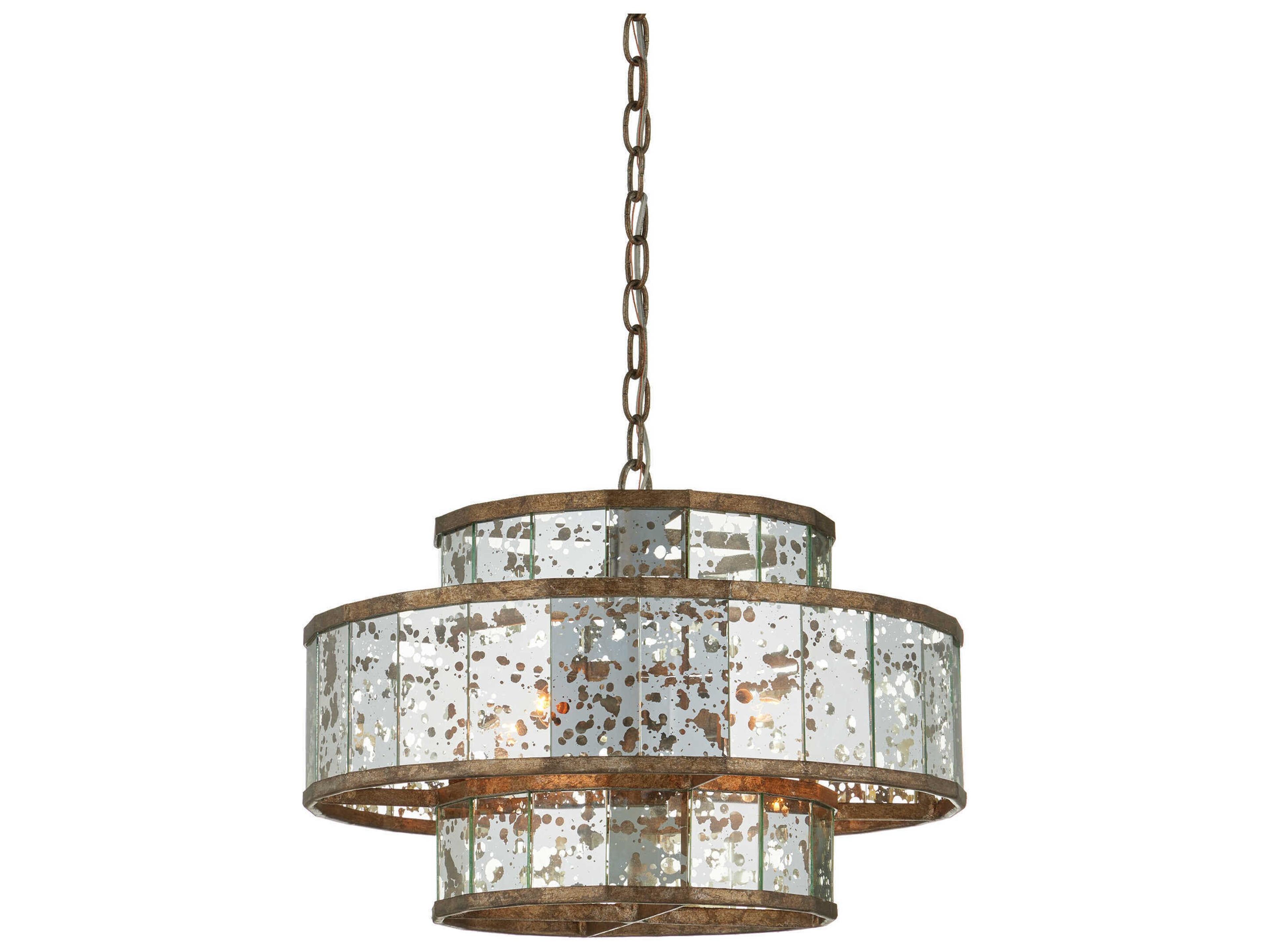 Currey & Company Fantine 4-Light Pyrite Bronze Raj Mirror Glass Candelabra Drum Chandelier