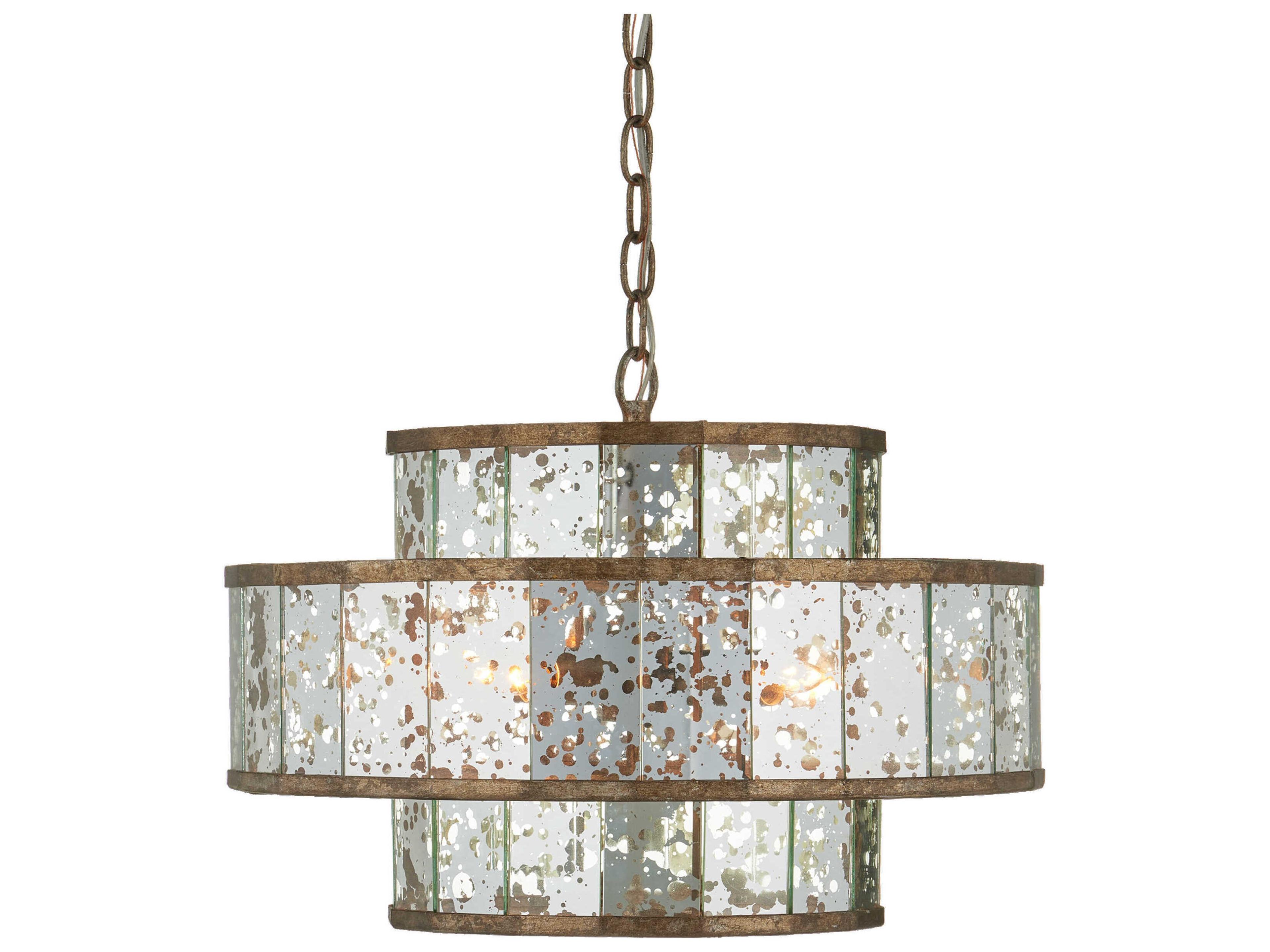 Currey & Company Fantine 4-Light Pyrite Bronze Raj Mirror Glass Candelabra Drum Chandelier