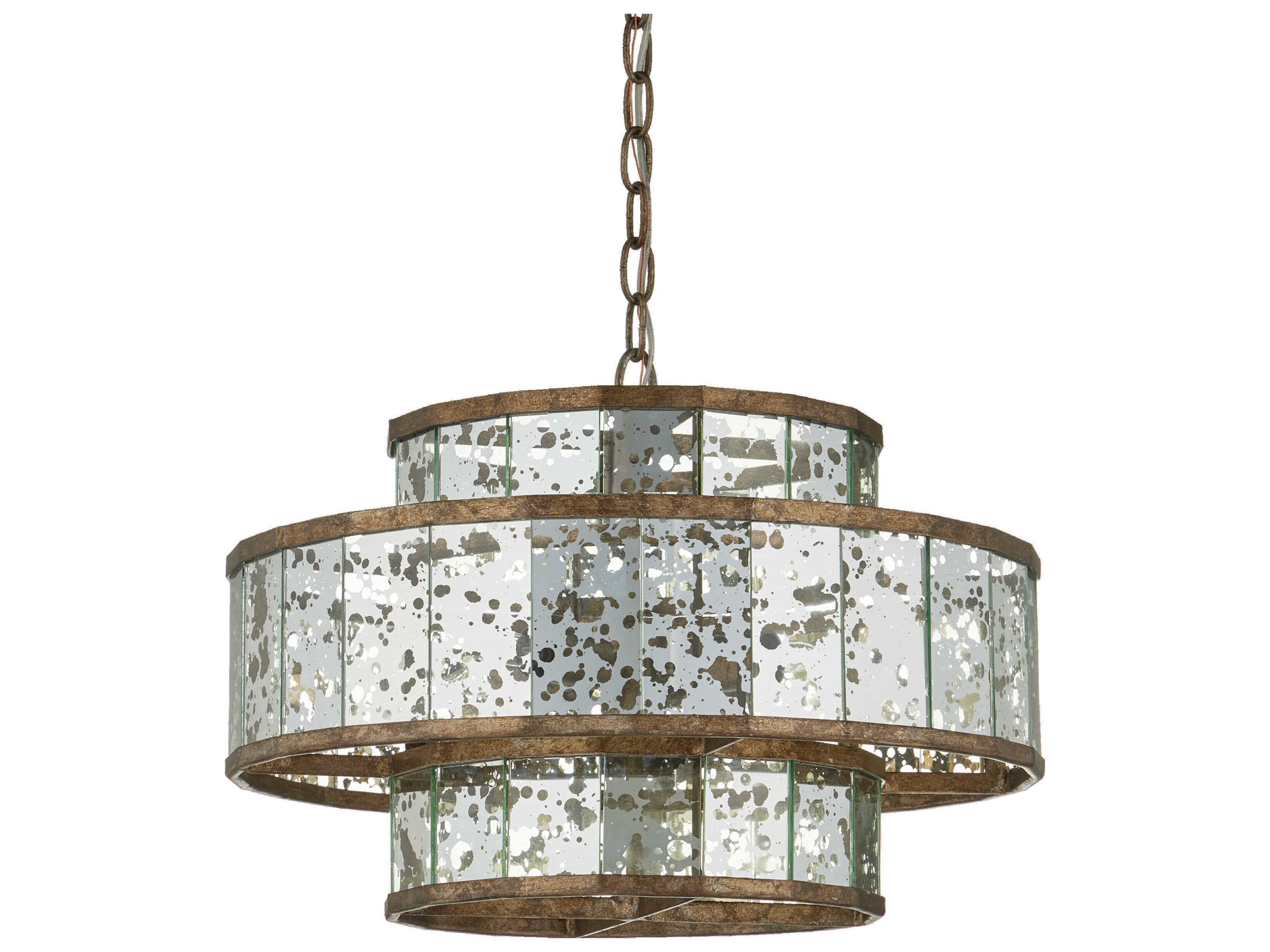 Currey & Company Fantine 4-Light Pyrite Bronze Raj Mirror Glass Candelabra Drum Chandelier