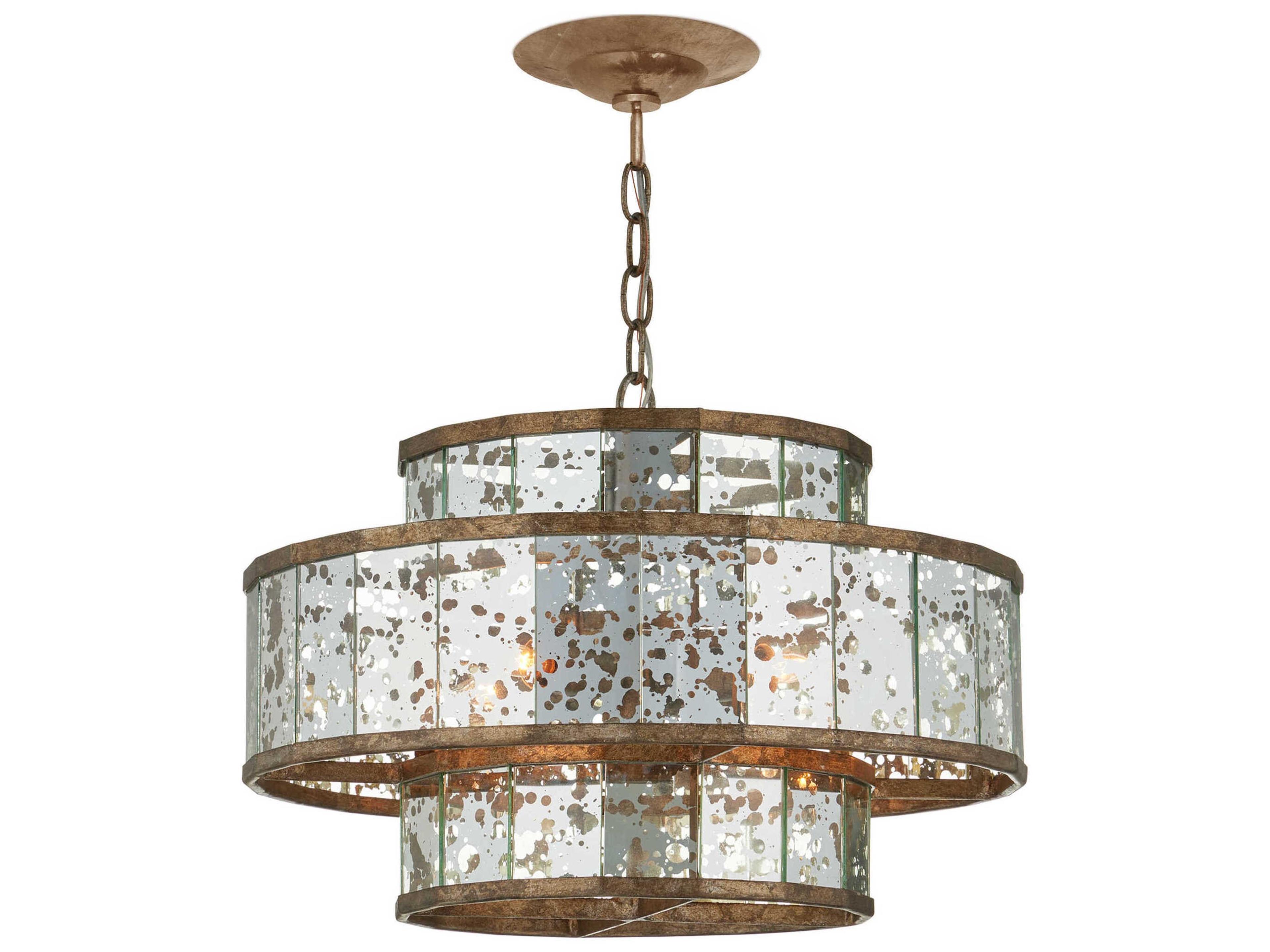 Currey & Company Fantine 4-Light Pyrite Bronze Raj Mirror Glass Candelabra Drum Chandelier