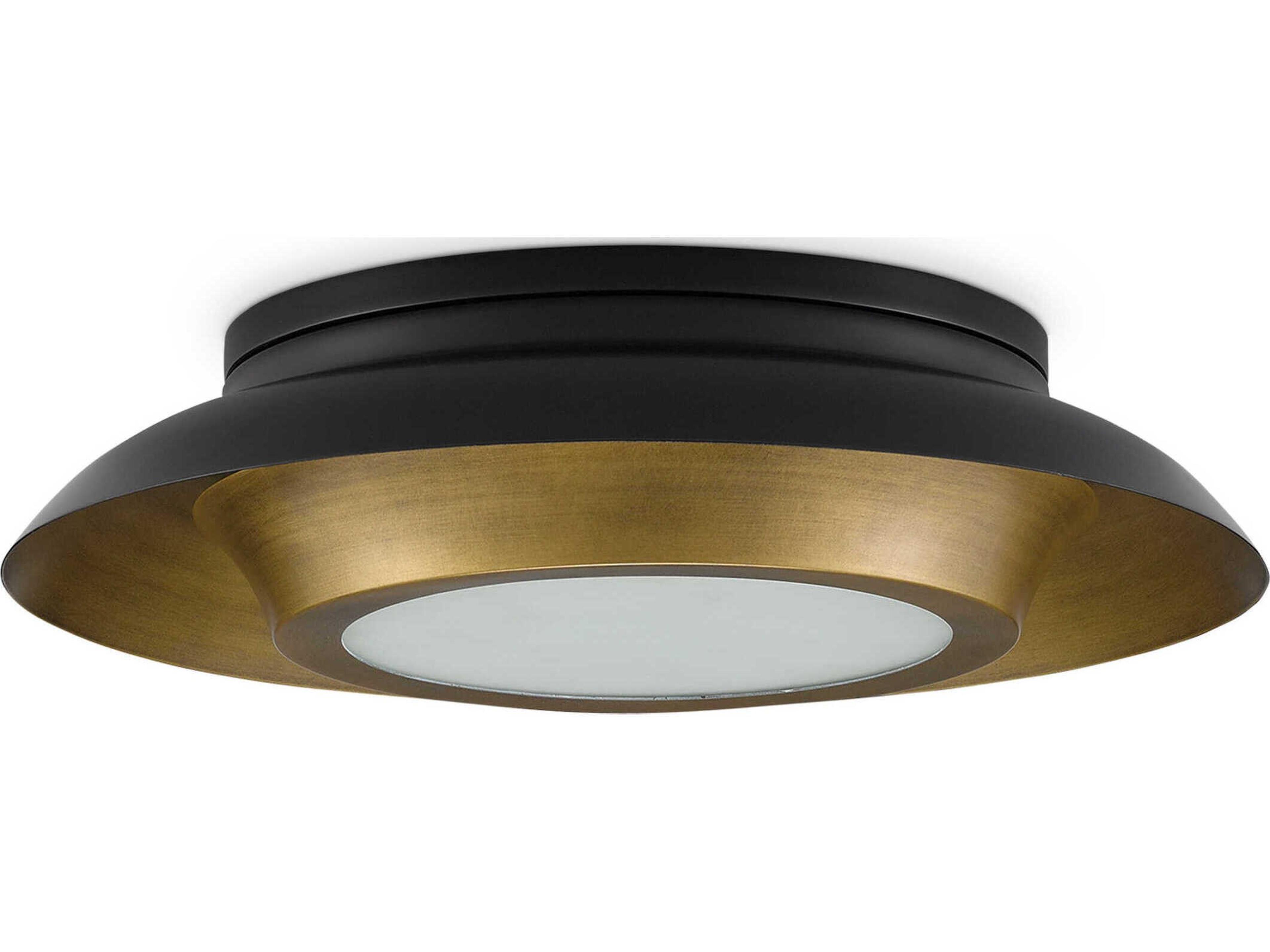 Currey & Company Metaphor 3-Light Painted Antique Brass Black Glass LED Bowl Round Flush Mount