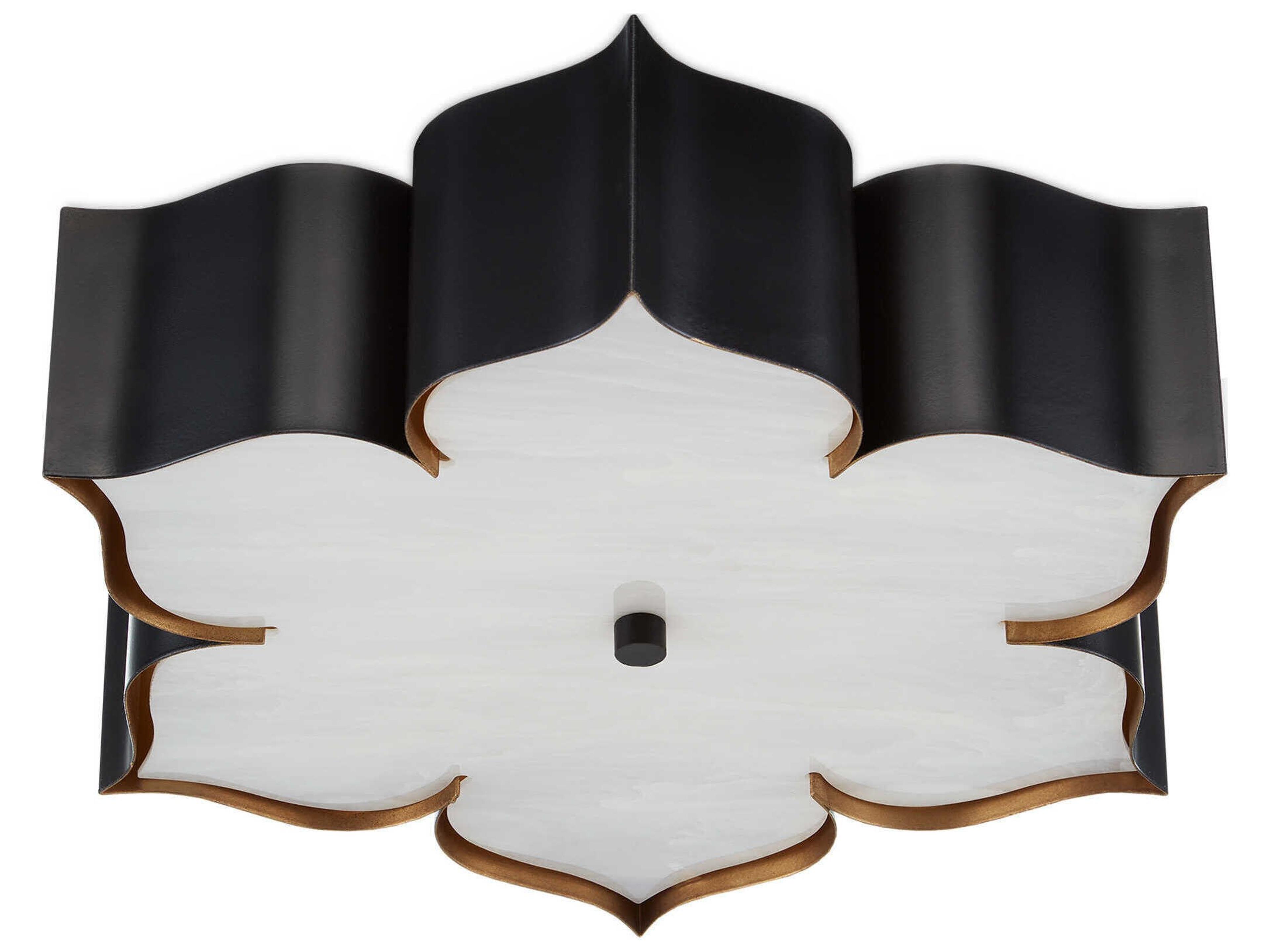 Currey & Company Grand Lotus 2-Light Satin Black Contemporary Gold Leaf Flush Mount