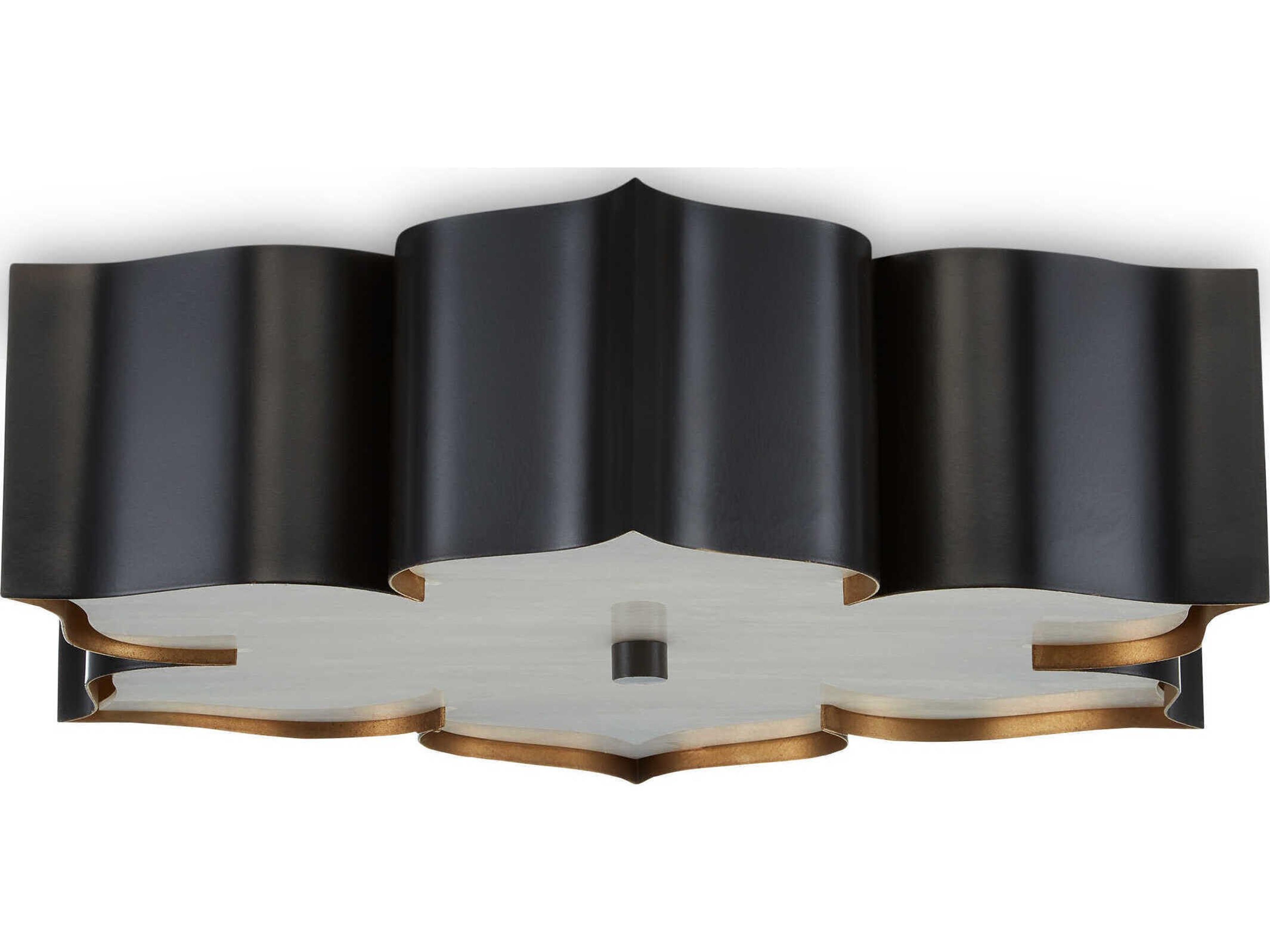 Currey & Company Grand Lotus 2-Light Satin Black Contemporary Gold Leaf Flush Mount