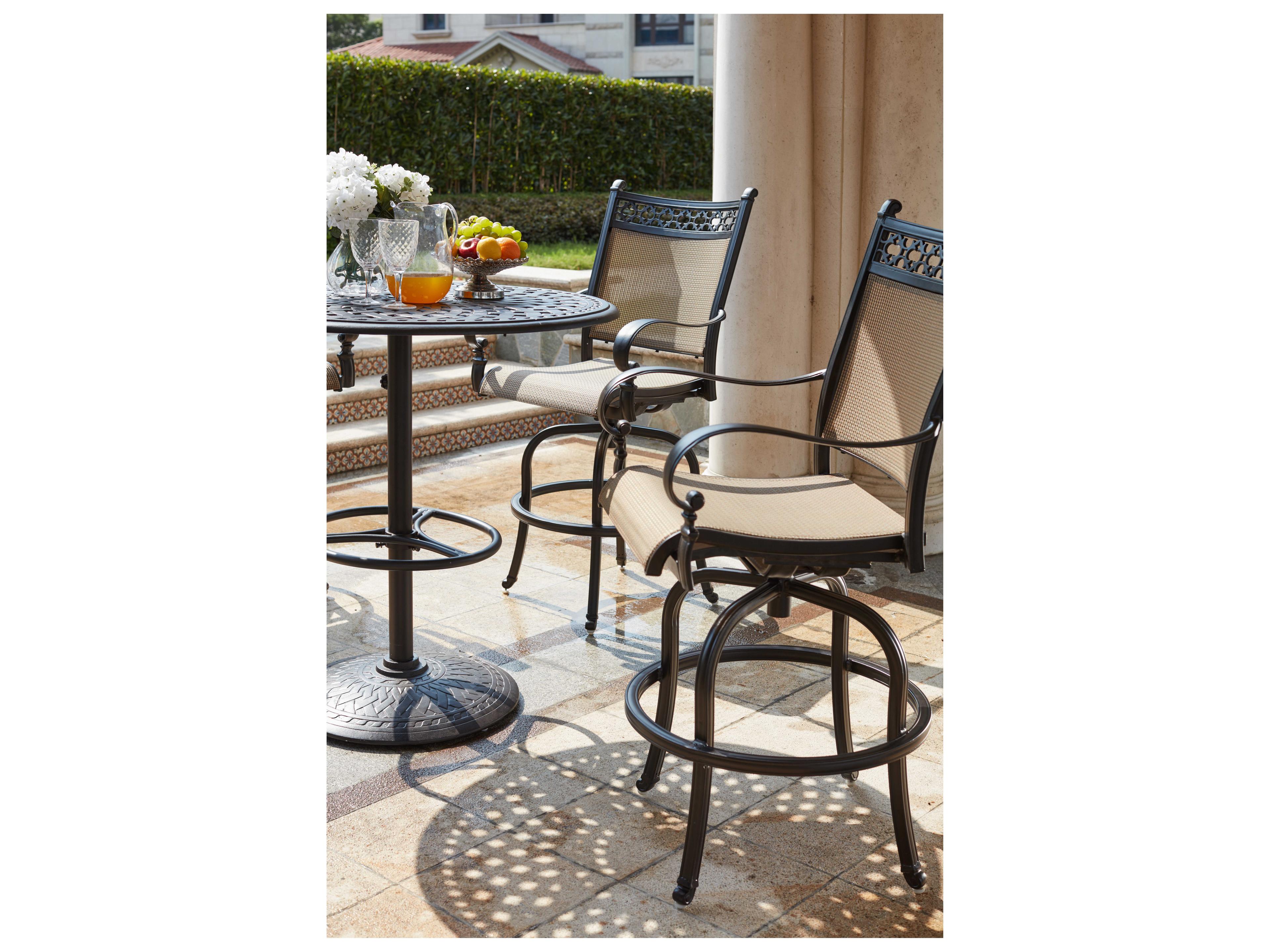 Darlee Outdoor Living Mountain View Cast Aluminum 5-Piece Pedestal Bar Set with 42 Inch Round Pedestal Bar Table in Antique Bronze