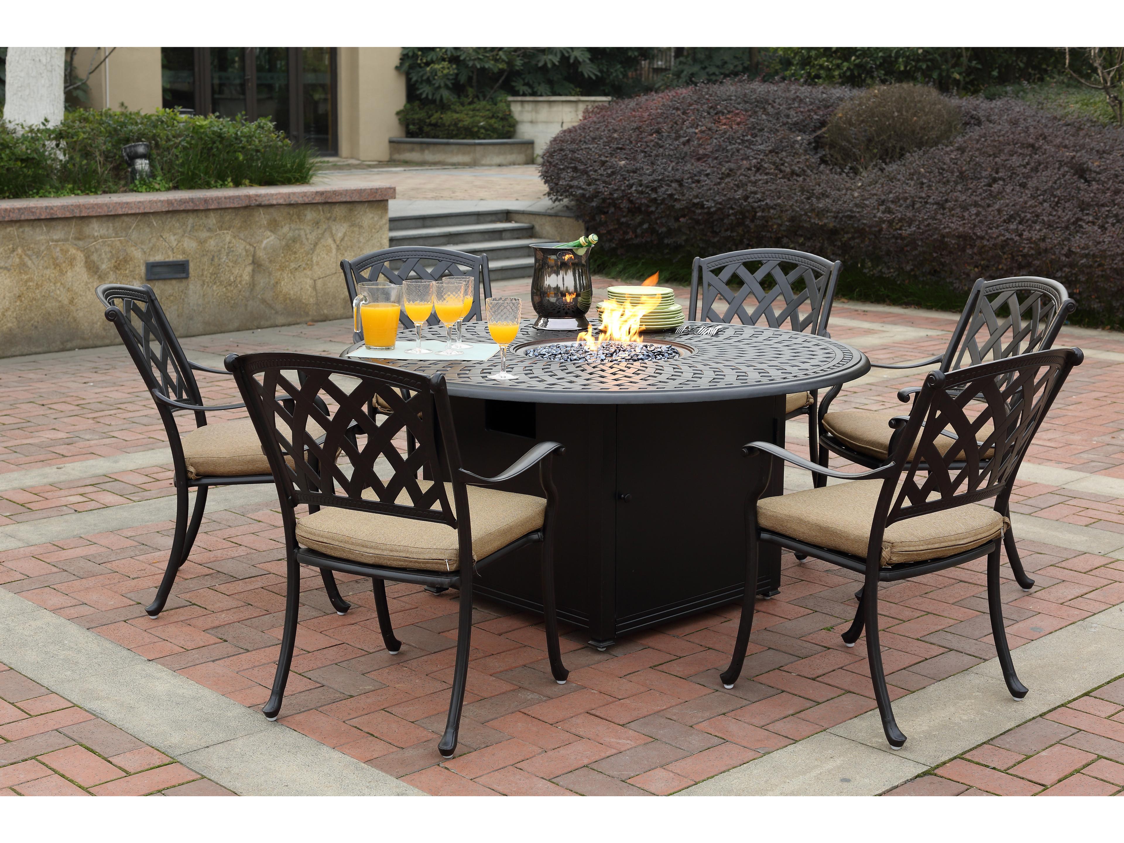 Ocean View Cast Aluminum 7-Piece Propane Fire Pit Dining Set with Cushions and 60'' Round Fire Pit Dining Table and Fireglass