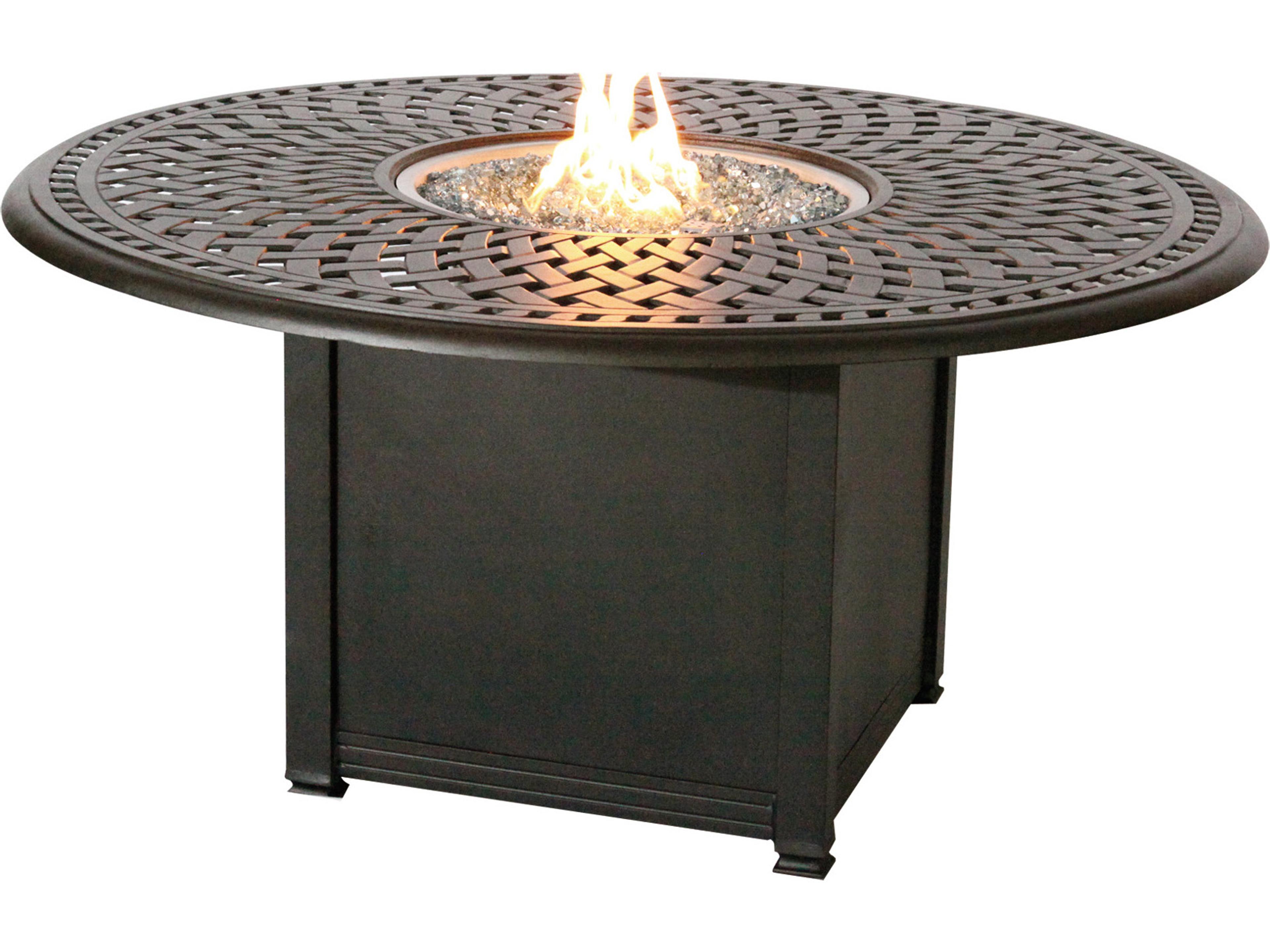 Darlee Outdoor Living Ocean View Cast Aluminum 7-Piece Propane Fire Pit Dining Set with Cushions and 60'' Round Fire Pit Dining Table and Fireglass