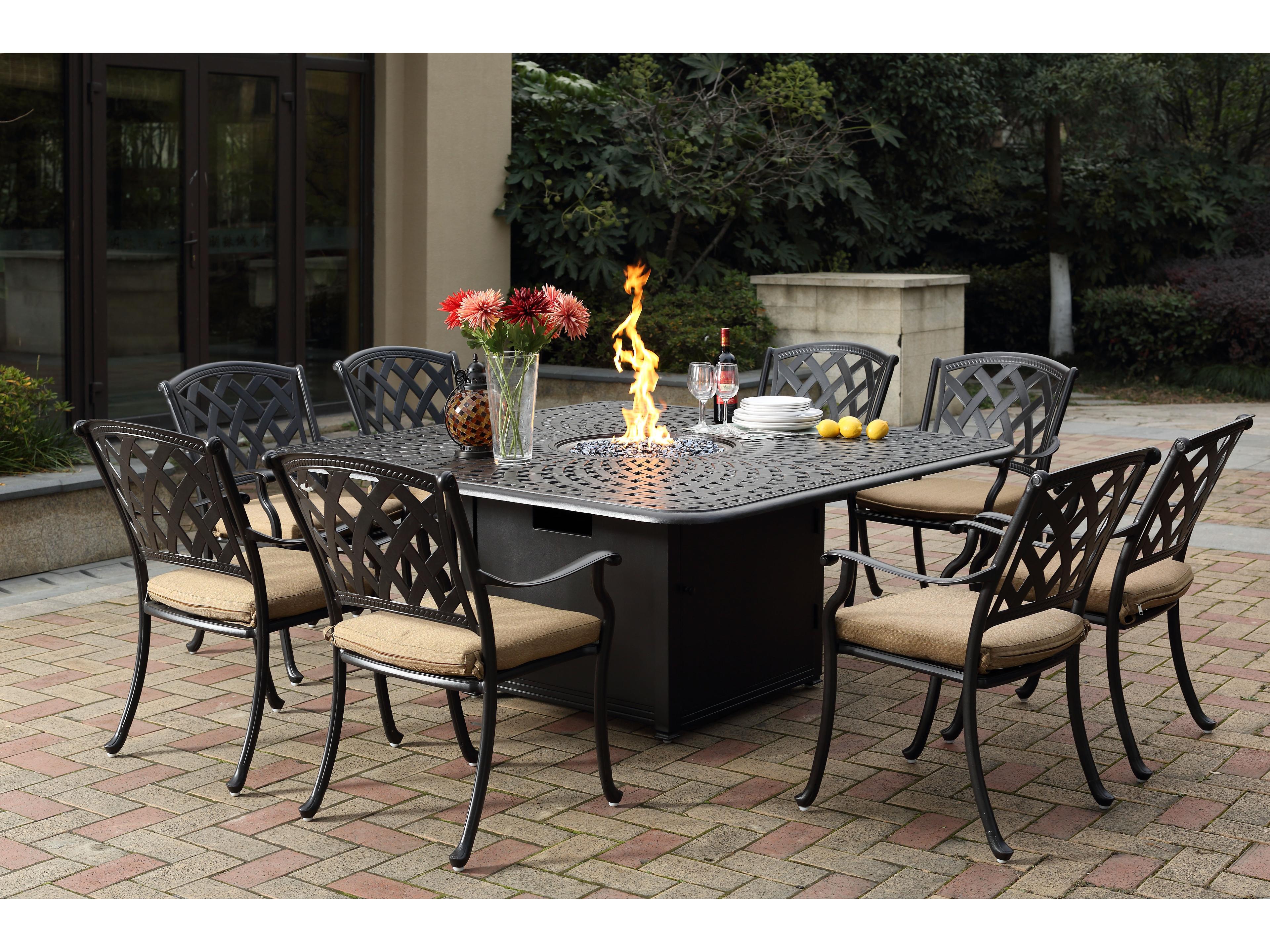 Ocean View Cast Aluminum 9-Piece Propane Fire Pit Dining Set with Cushions and 64'' Square Fire Pit Dining Table and Fireglass