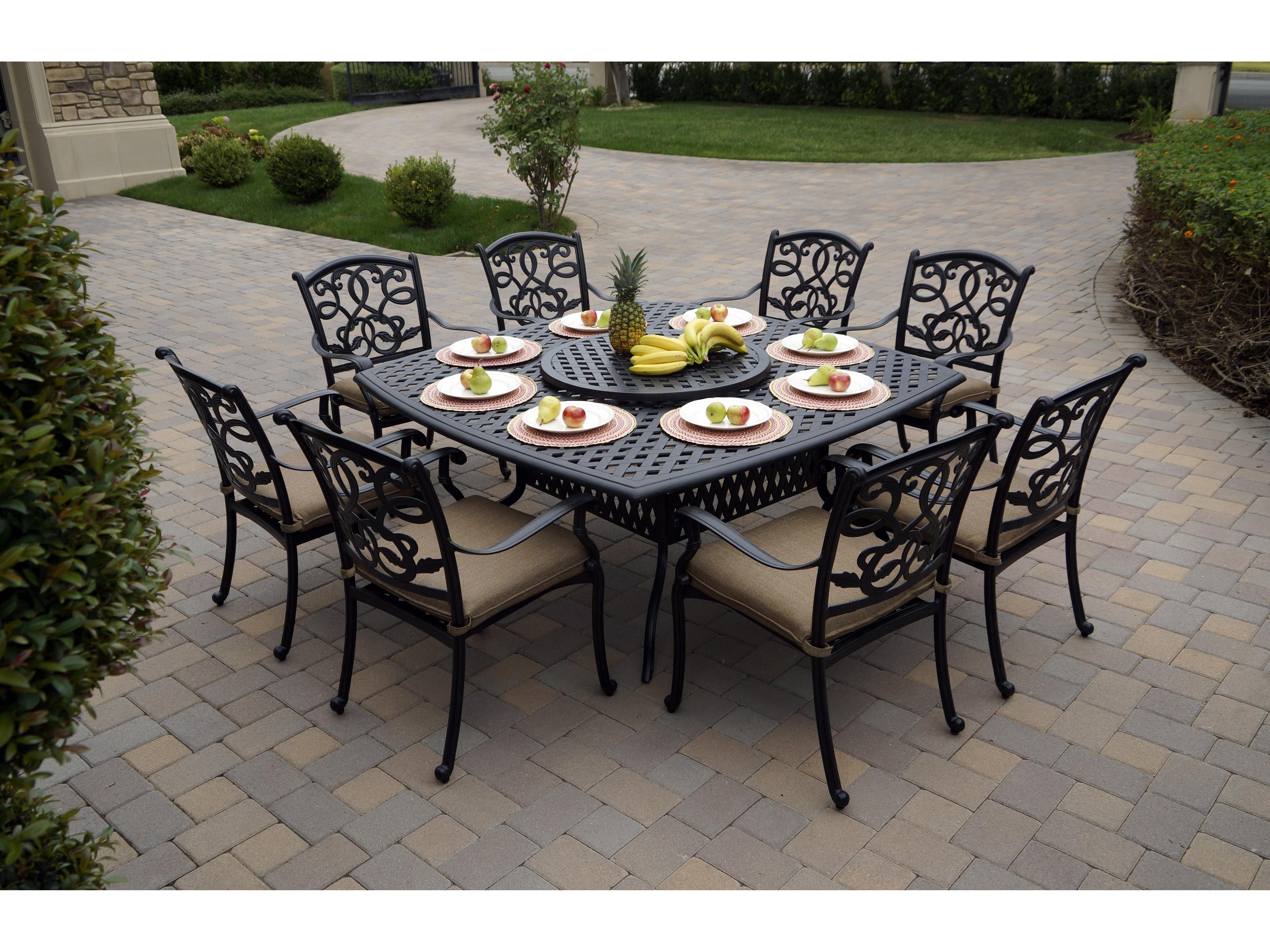 Santa Monica Cast Aluminum 10-Piece Dining Set with Cushions and 64'' Square Dining Table and Lazy Susan