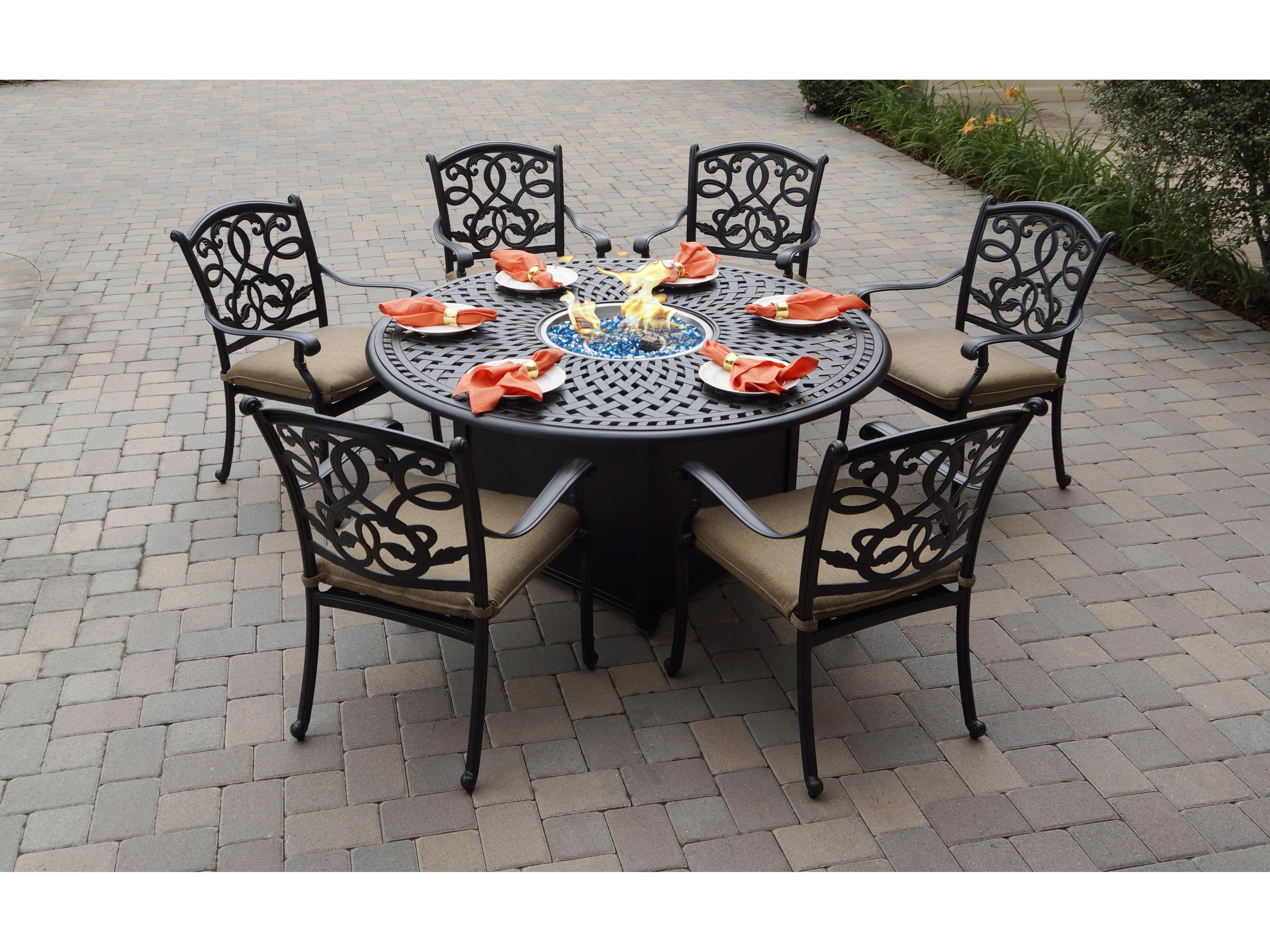 Santa Monica Cast Aluminum 7-Piece Propane Fire Pit Dining Set with Cushions and 60'' Round Fire Pit Dining Table and Fireglass