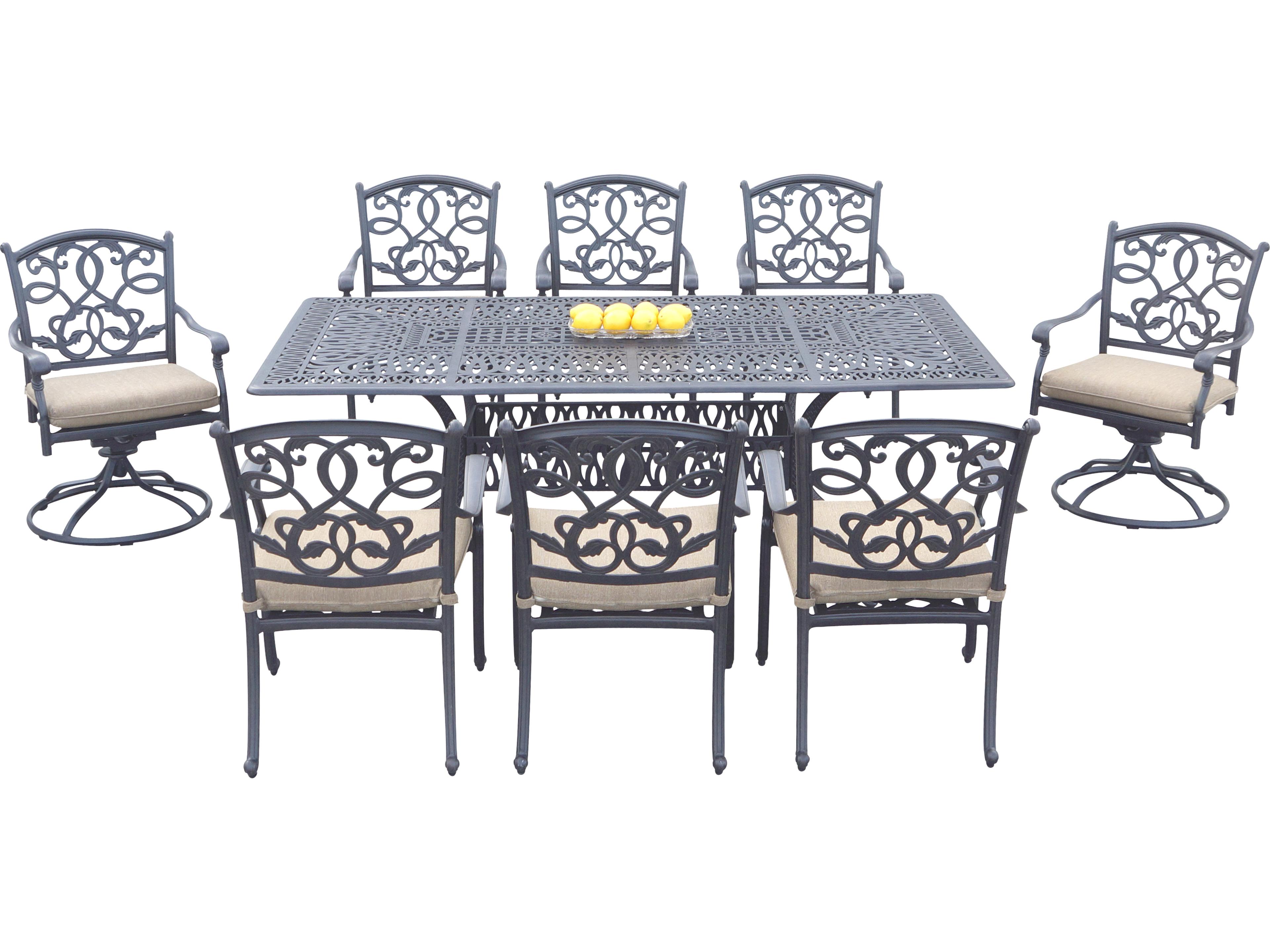Santa Monica Cast Aluminum 9-Piece Dining Set (with 2 Swivel Rockers) with Cushions and 44 x 84'' Rectangular Dining Table