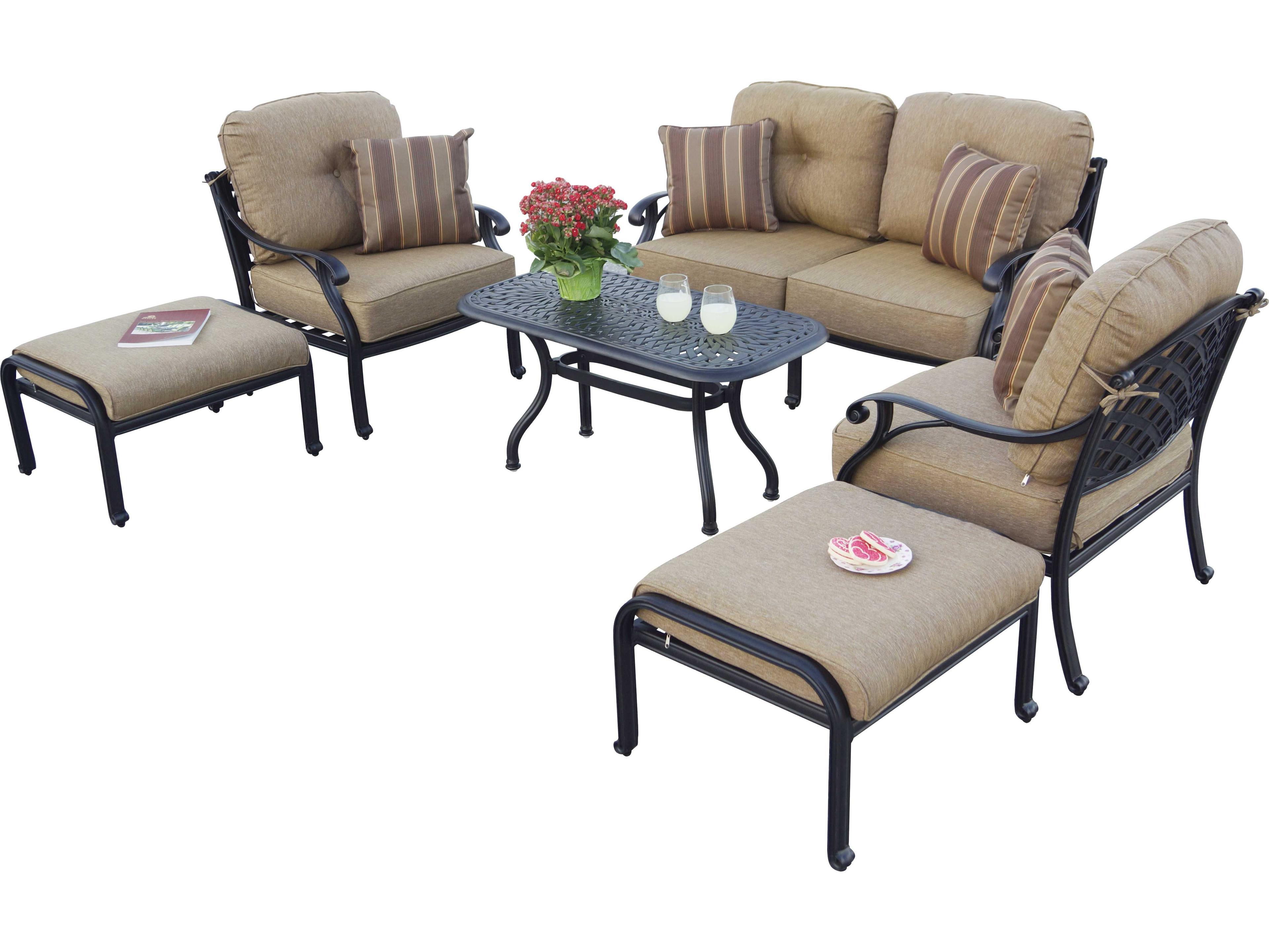 Nassau Antique Bronze Cast Aluminum 6-Piece Conversation Set with 42 x 21 Rectangular & Pillows