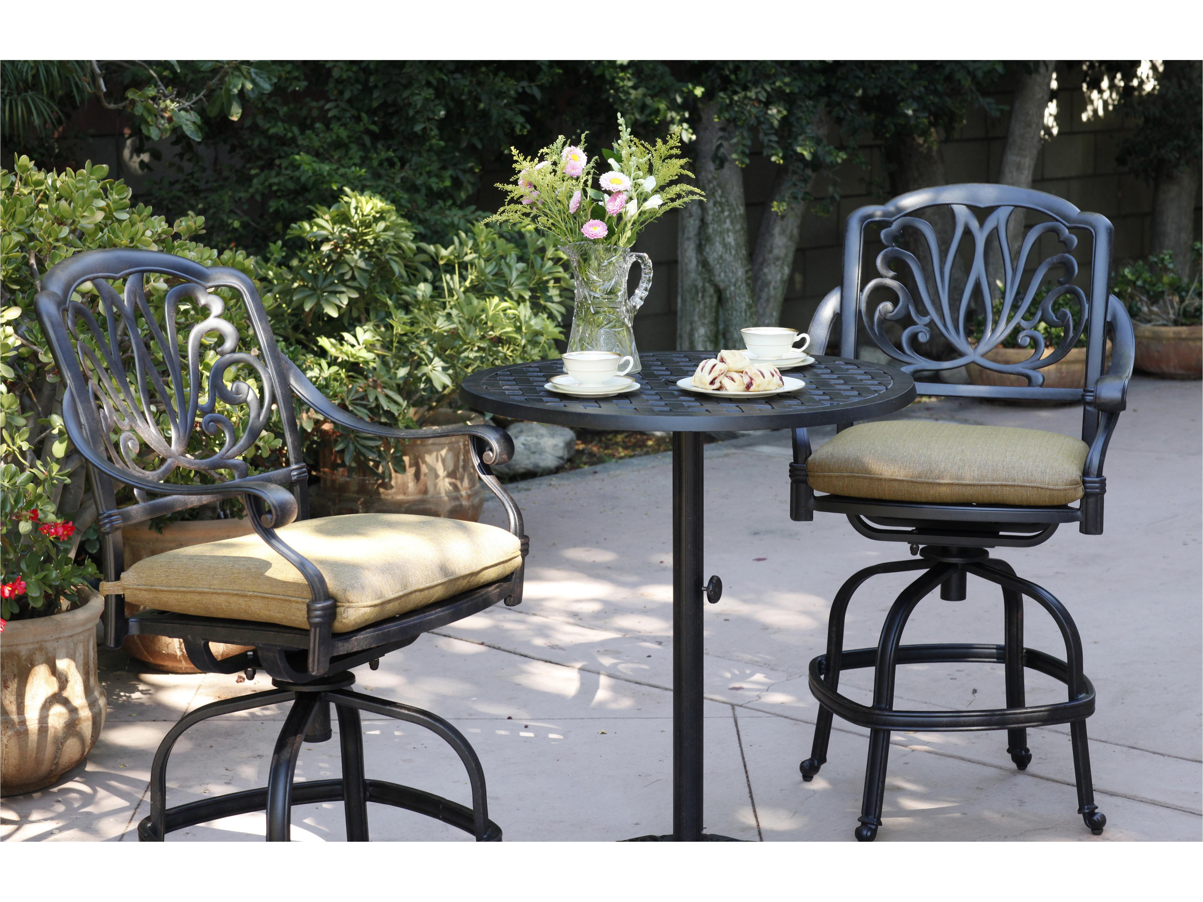 Elisabeth Cast Aluminum 3-Piece Counter Height Set with Cushions and 30'' Series 30 Round Pedestal Counter Table