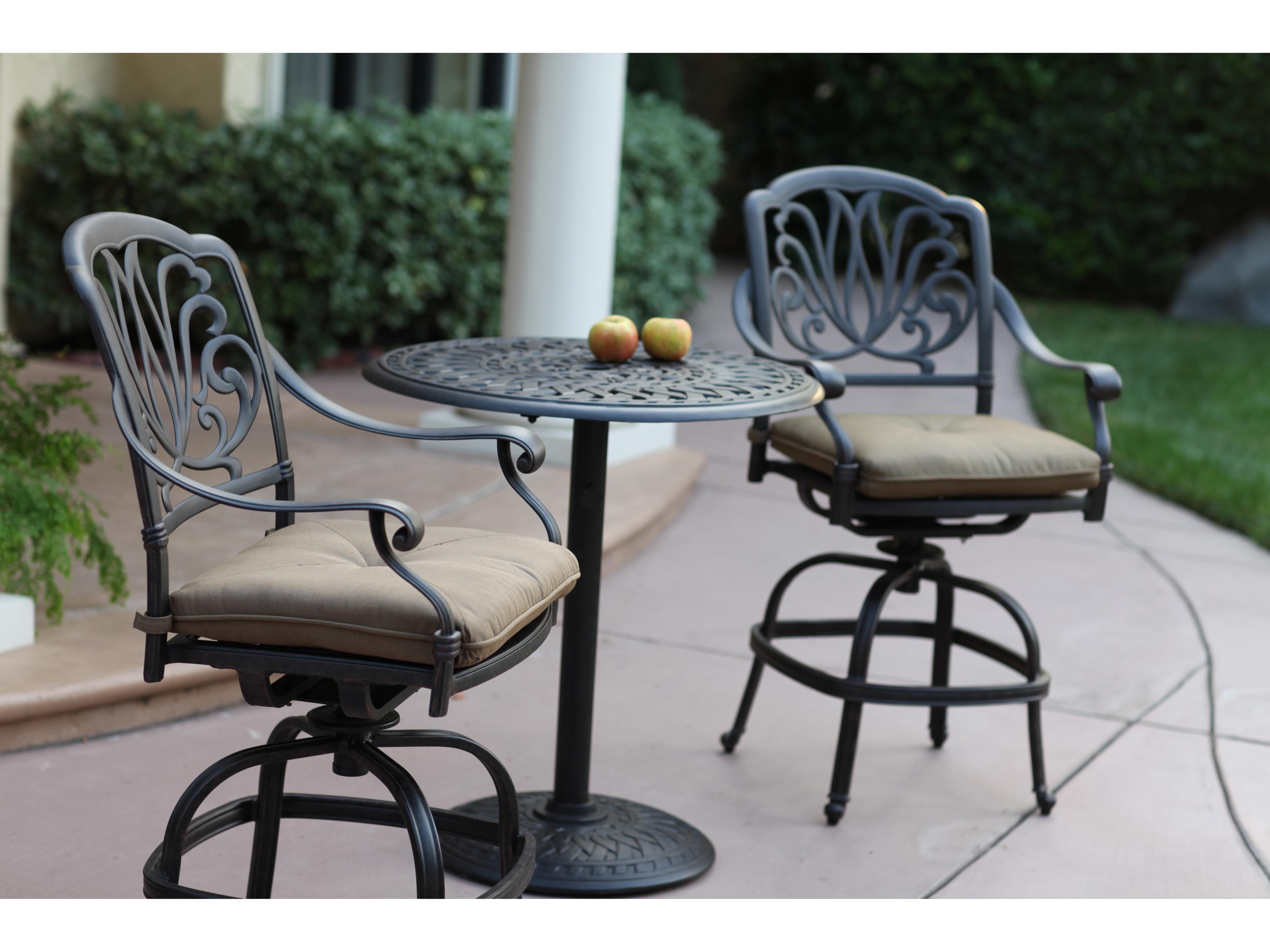 Elisabeth Cast Aluminum 3-Piece Counter Height Set with Cushions and 30'' Series 60 Round Pedestal Counter Table