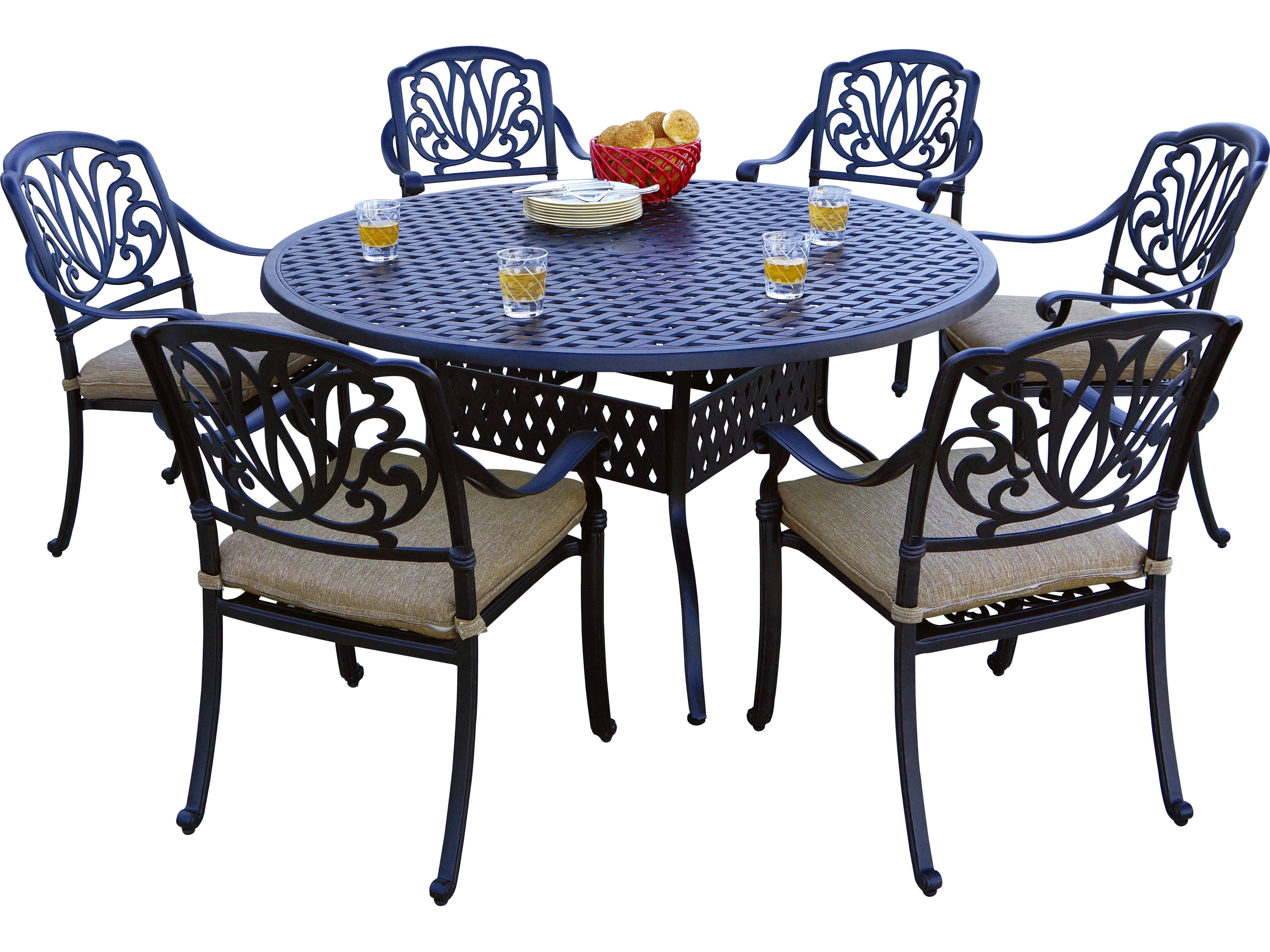 Elisabeth Cast Aluminum 7-Piece Dining Set with Cushions and 60'' Round Dining Table