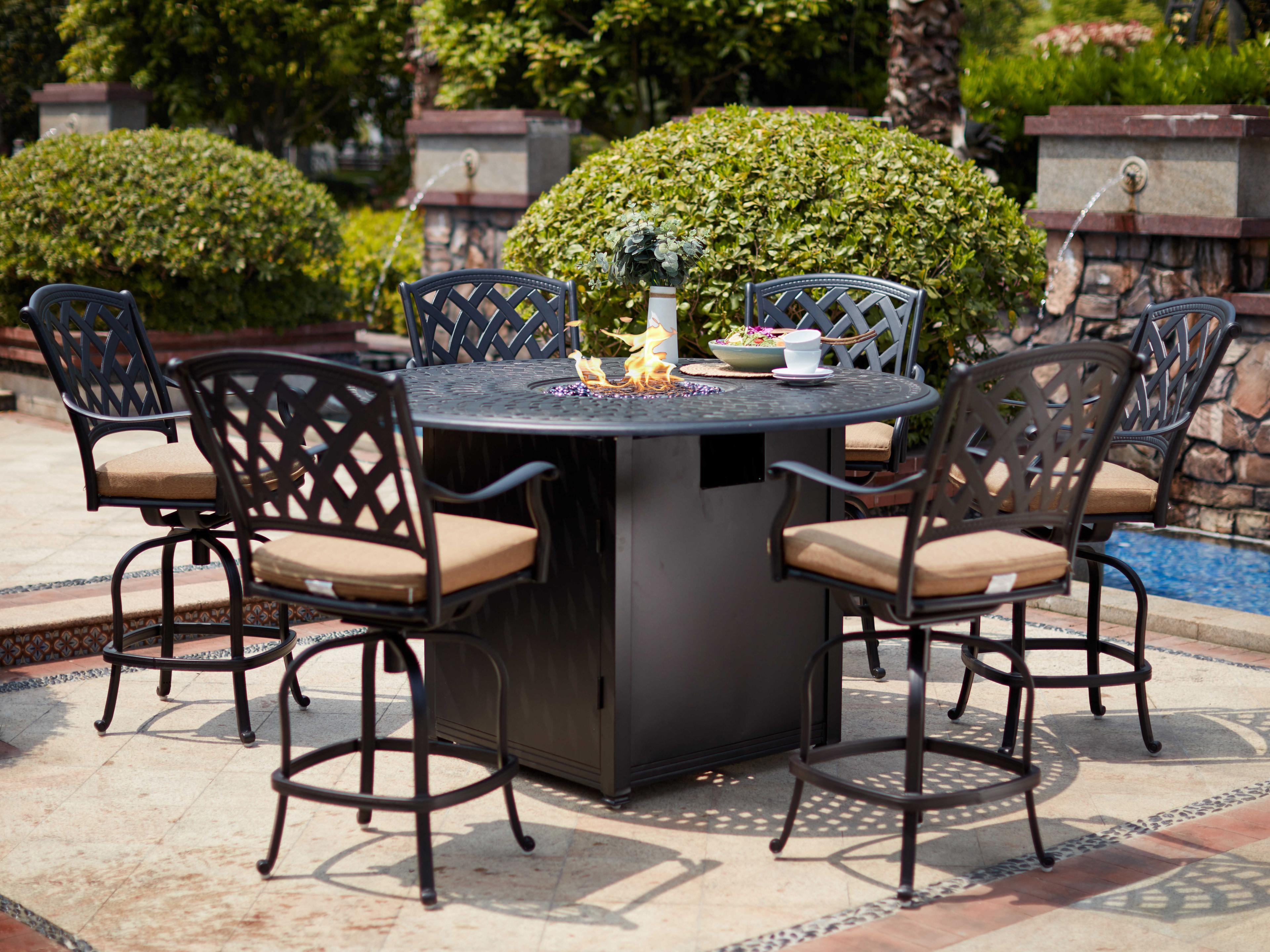 Darlee Ocean View Cast Aluminum Antique Bronze 7 Piece Fire Pit Counter Set