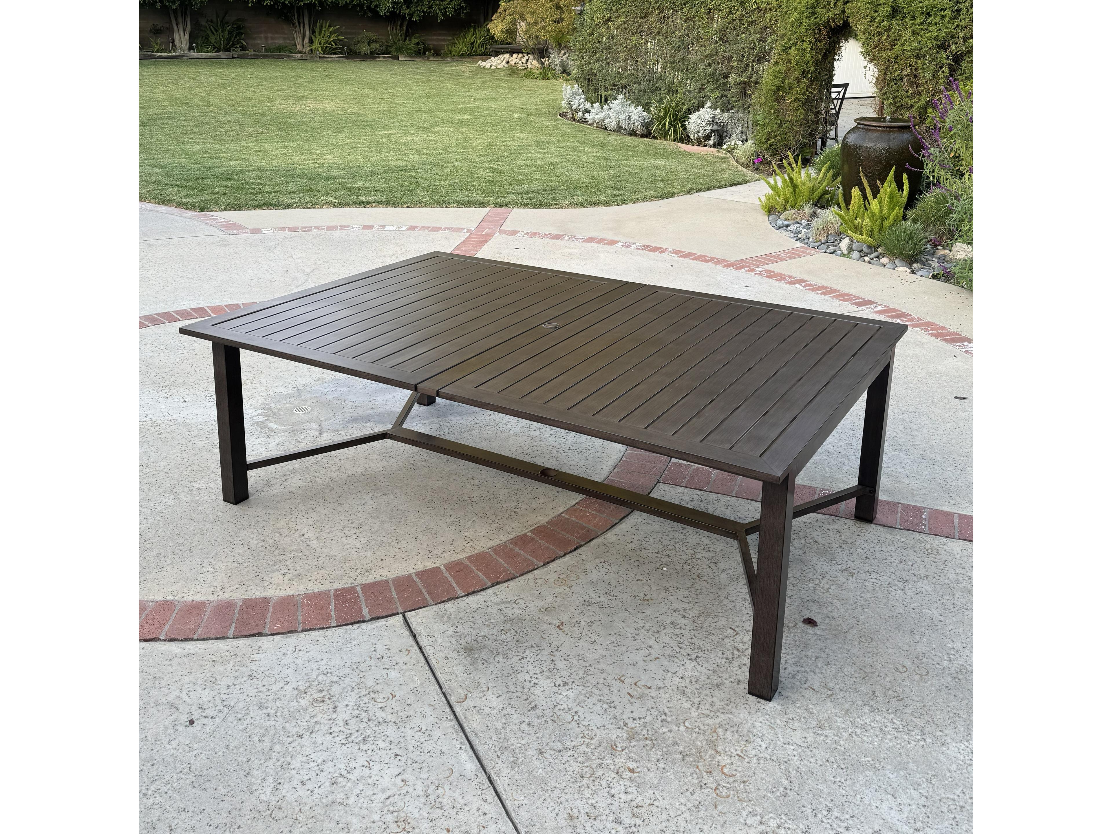 Atlantis Walnut Aluminum Rectangular Umbrella Hole Dining Table