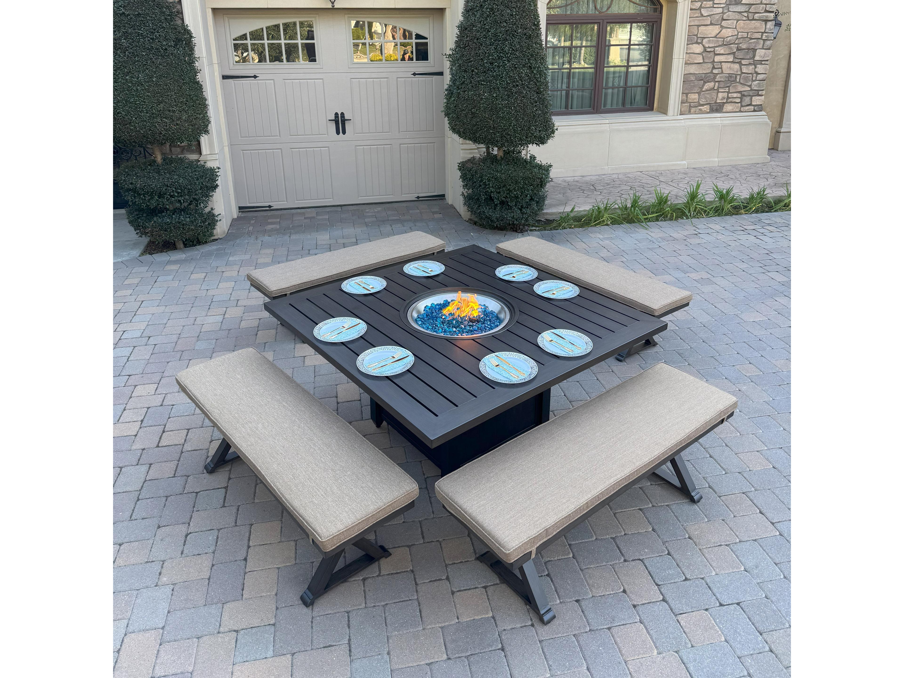 Brooklyn Aluminum 5-Piece Dining Set with 60" Square Propane Fire Pit Dining Table