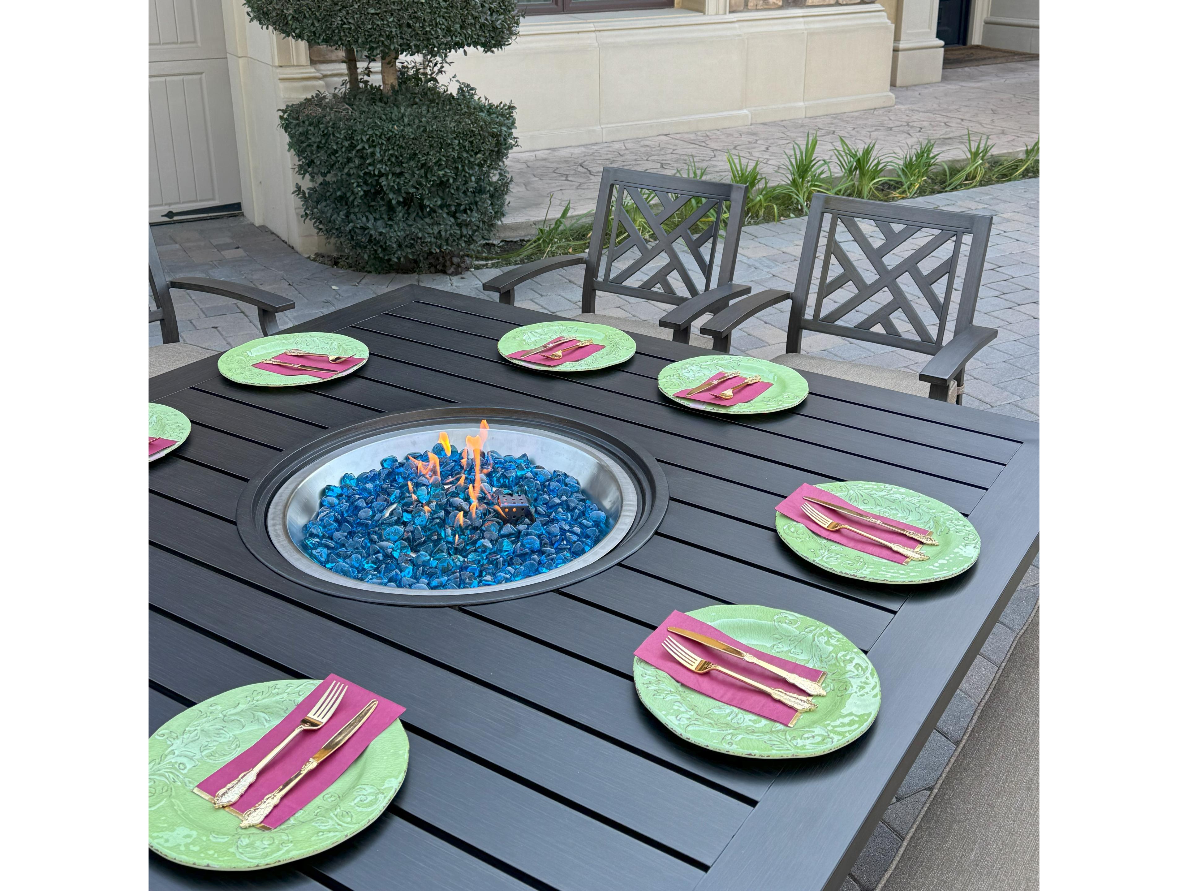 Darlee Outdoor Living Brooklyn Aluminum 7-Piece Dining Set with 60" Square Propane Fire Pit Dining Table