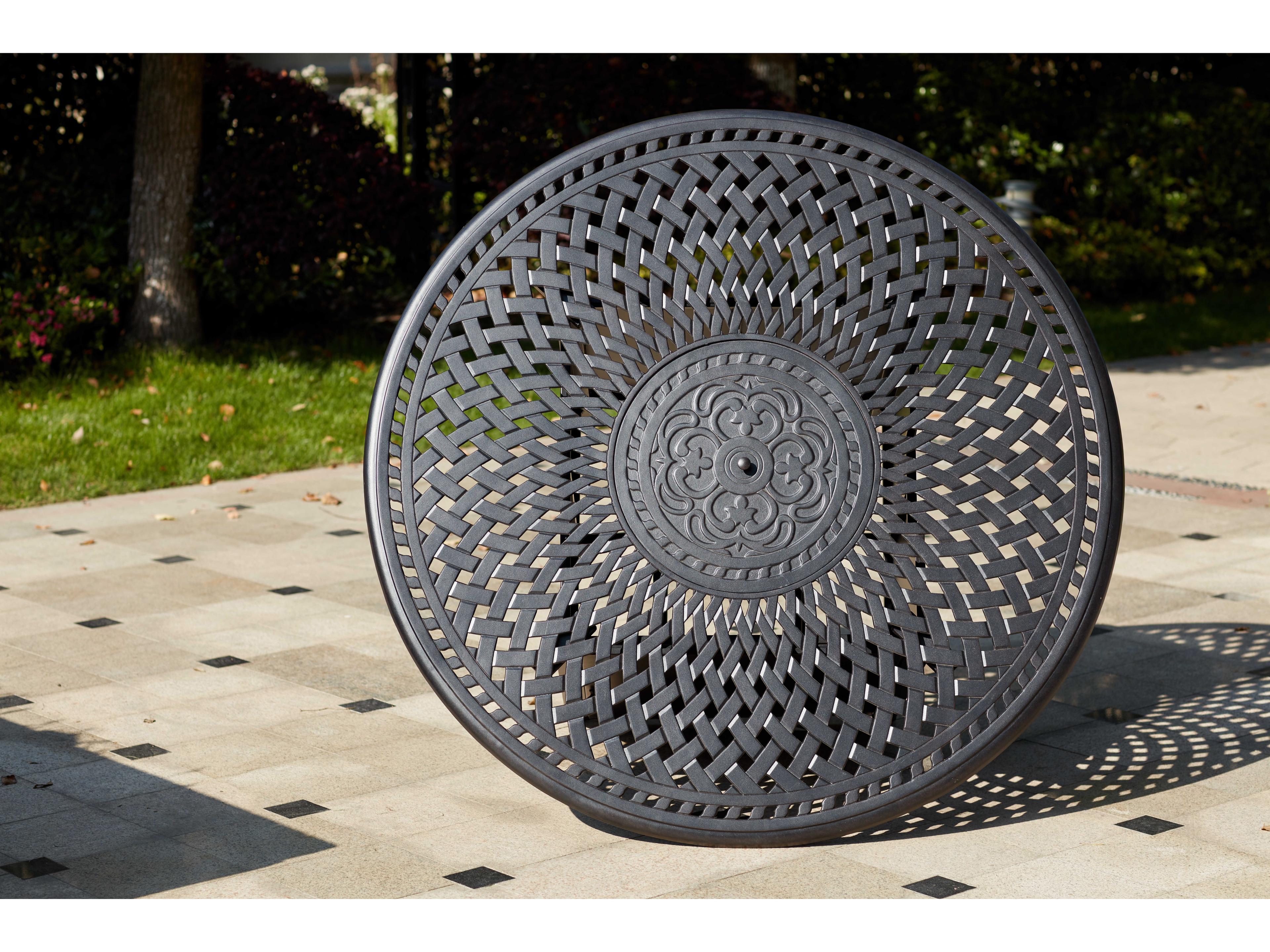 Darlee Outdoor Living Monterey Sling Cast Aluminum Antique Bronze 7 Piece Fire Pit Dining Set