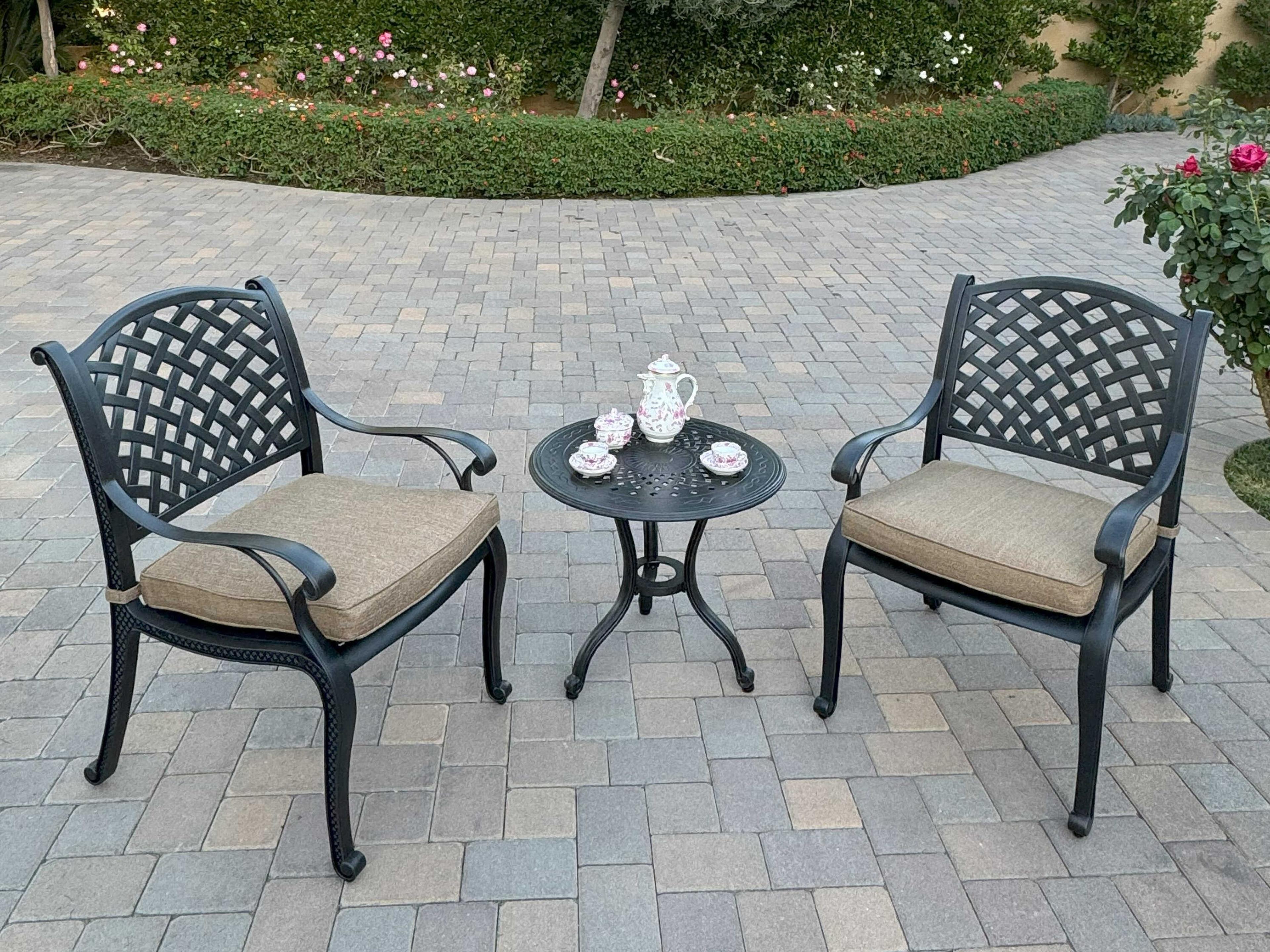 Nassau Cast Aluminum Antique Bronze Lounge Set in Sesame Cushions and 24'' Wide Round End Table