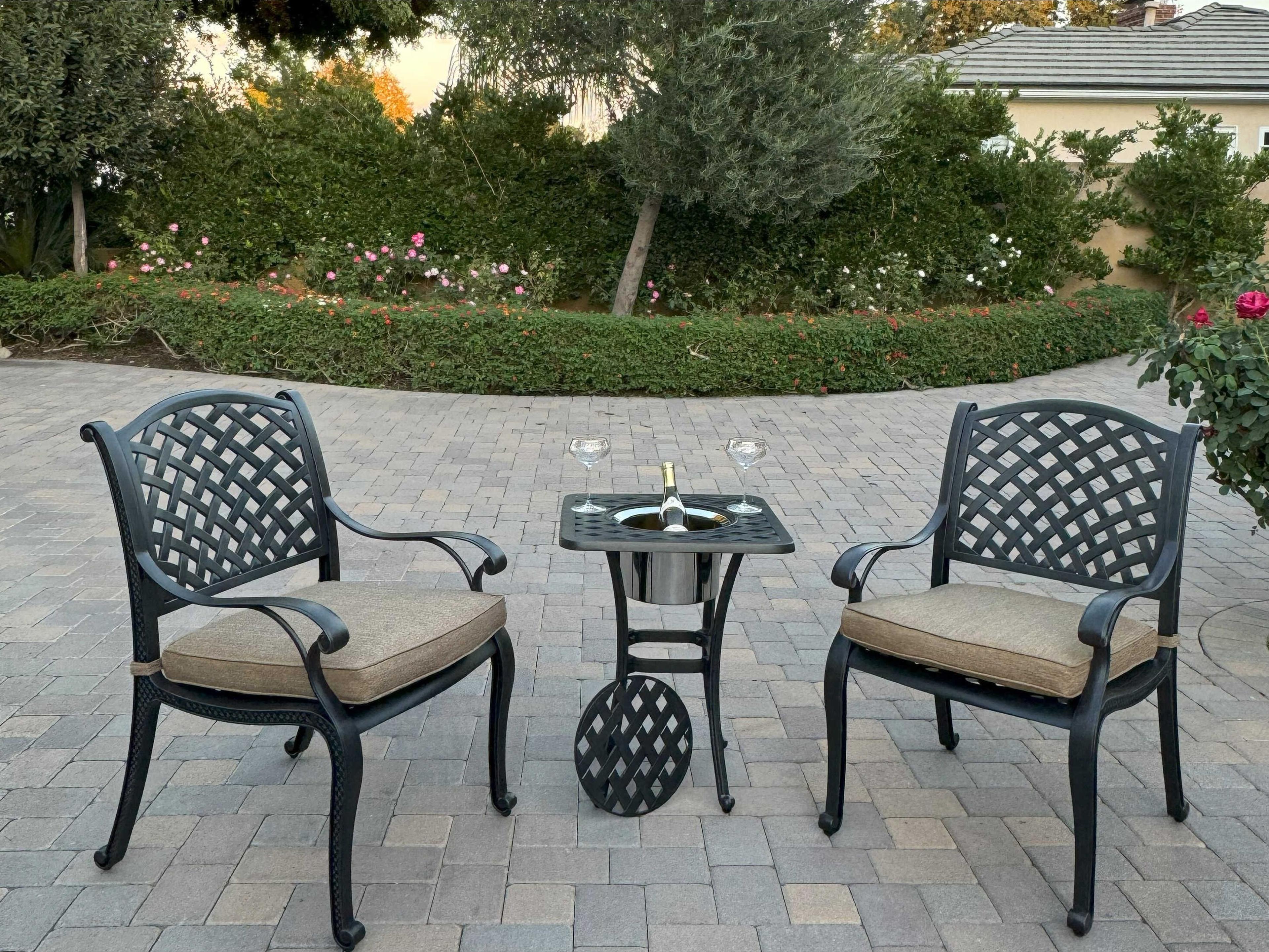 Nassau Cast Aluminum Antique Bronze 3 Piece Lounge Set with Square Ice Bucket End Table in Sesame Cushions
