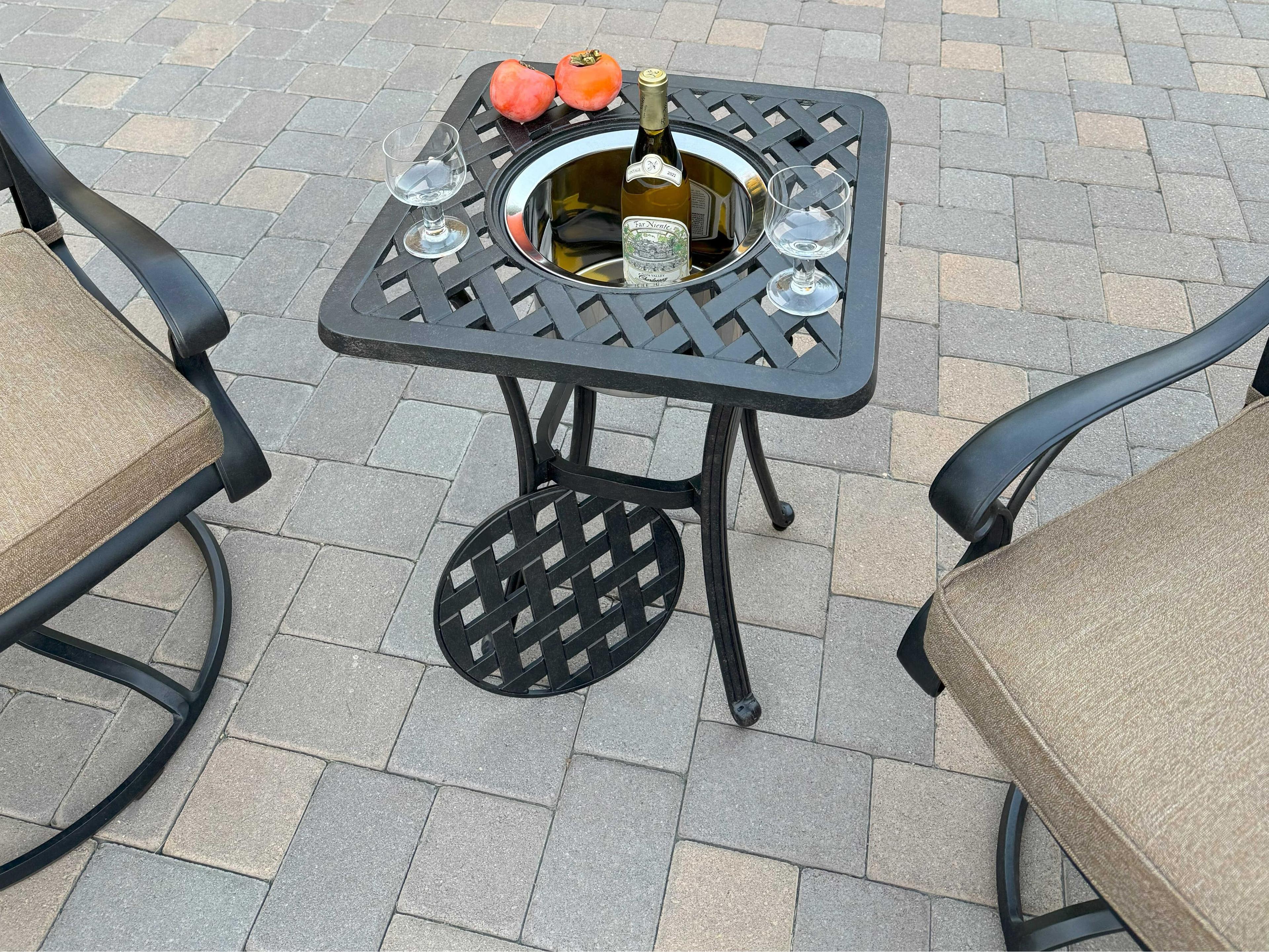 Darlee Outdoor Living Nassau Cast Aluminum Antique Bronze 3 Piece Lounge Set with Square Ice Bucket End Table in Sesame Cushions