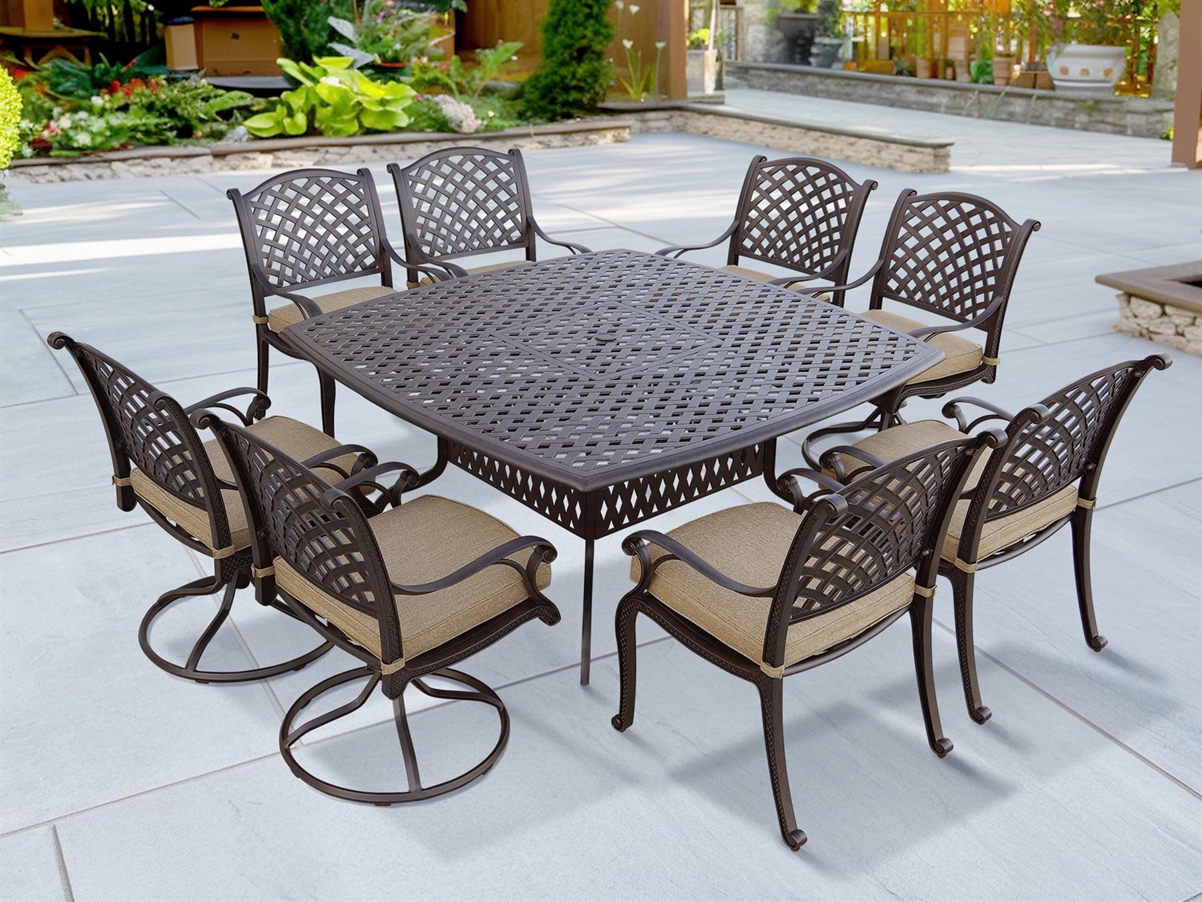 Nassau Cast Aluminum Antique Bronze 9 Piece Dining Set with 64'' Wide Square Dining Table