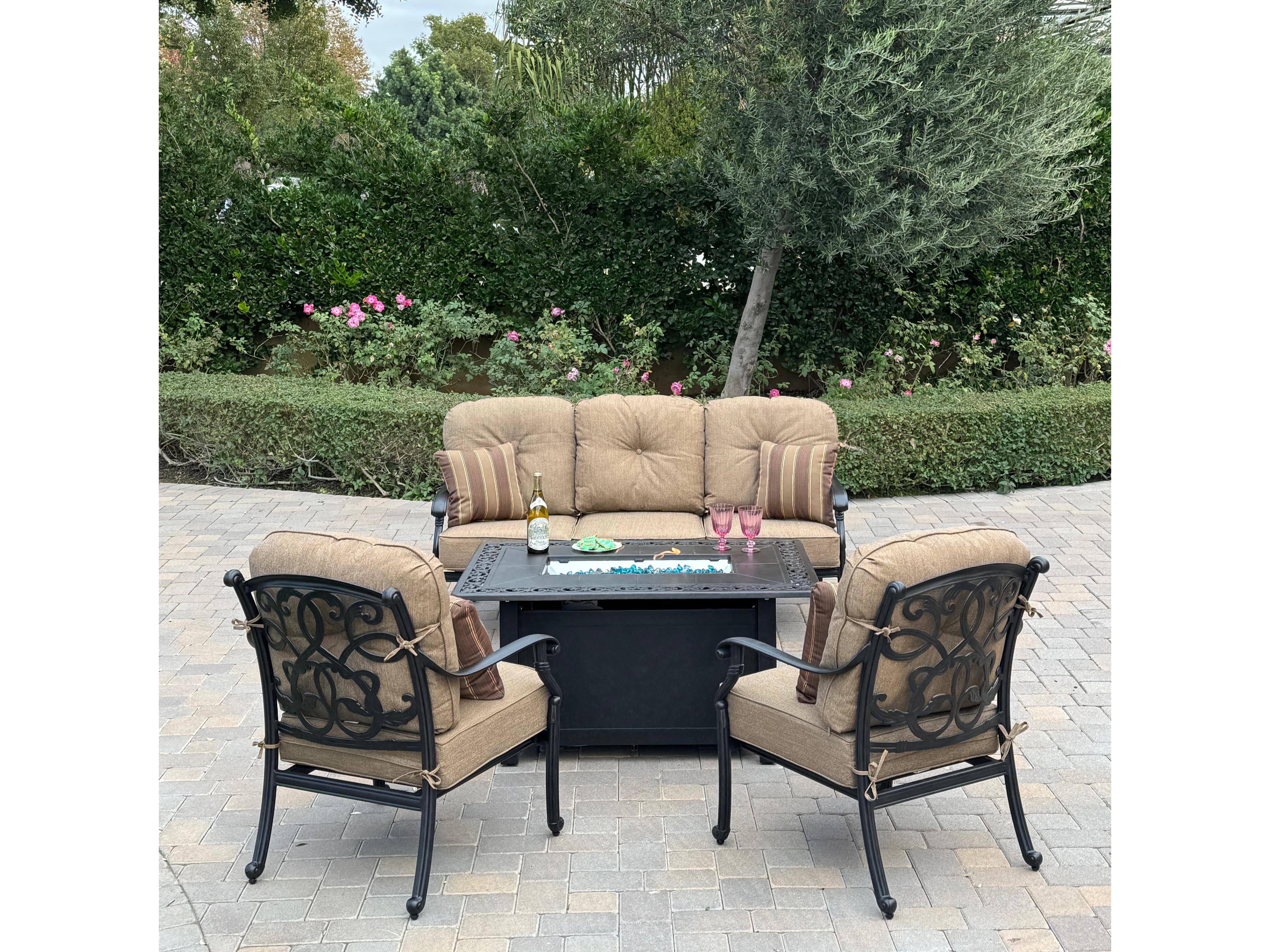 Santa Monica Cast Aluminum 4-Piece Conversation Set with 49" X 35" Rectangular Fire Pit Chat Table