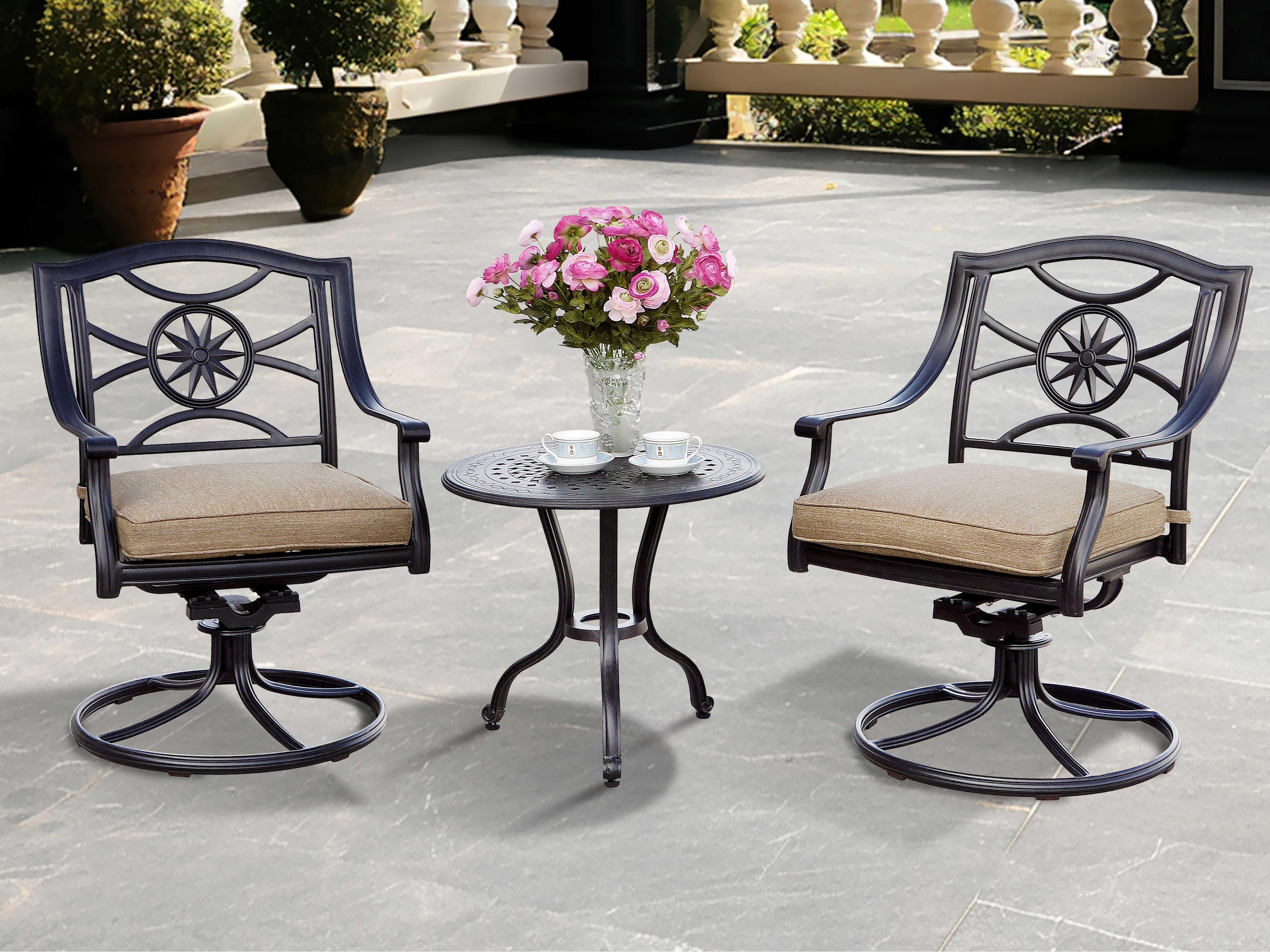 Ten Star Antique Bronze Cast Aluminum 3 Piece Lounge Set in Sesame Cushions with 24'' Round End Table