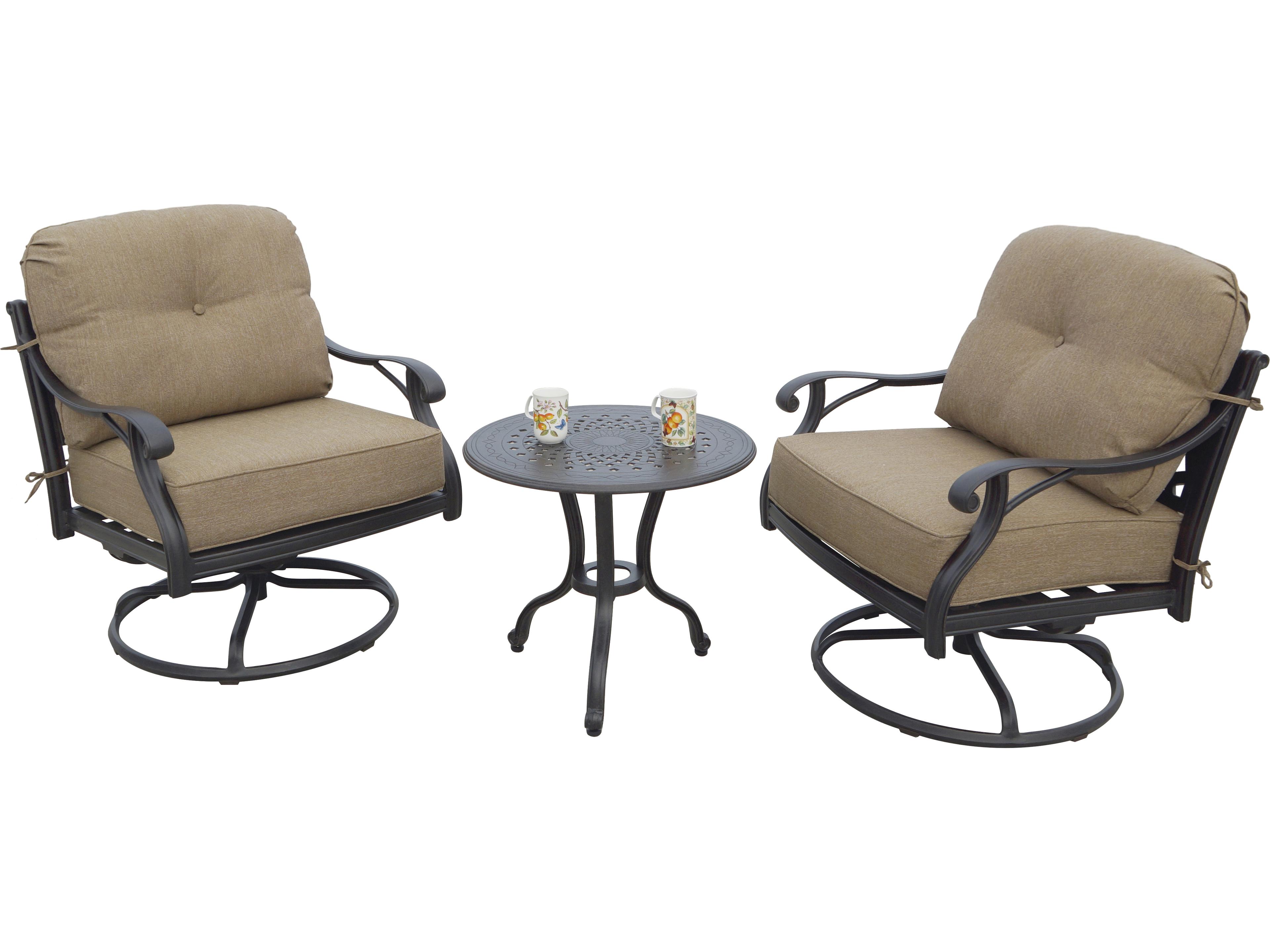 Nassau Cast Aluminum Antique Bronze 3 Piece Lounge Set n Sesame Cushions with 24'' Wide Round End Table