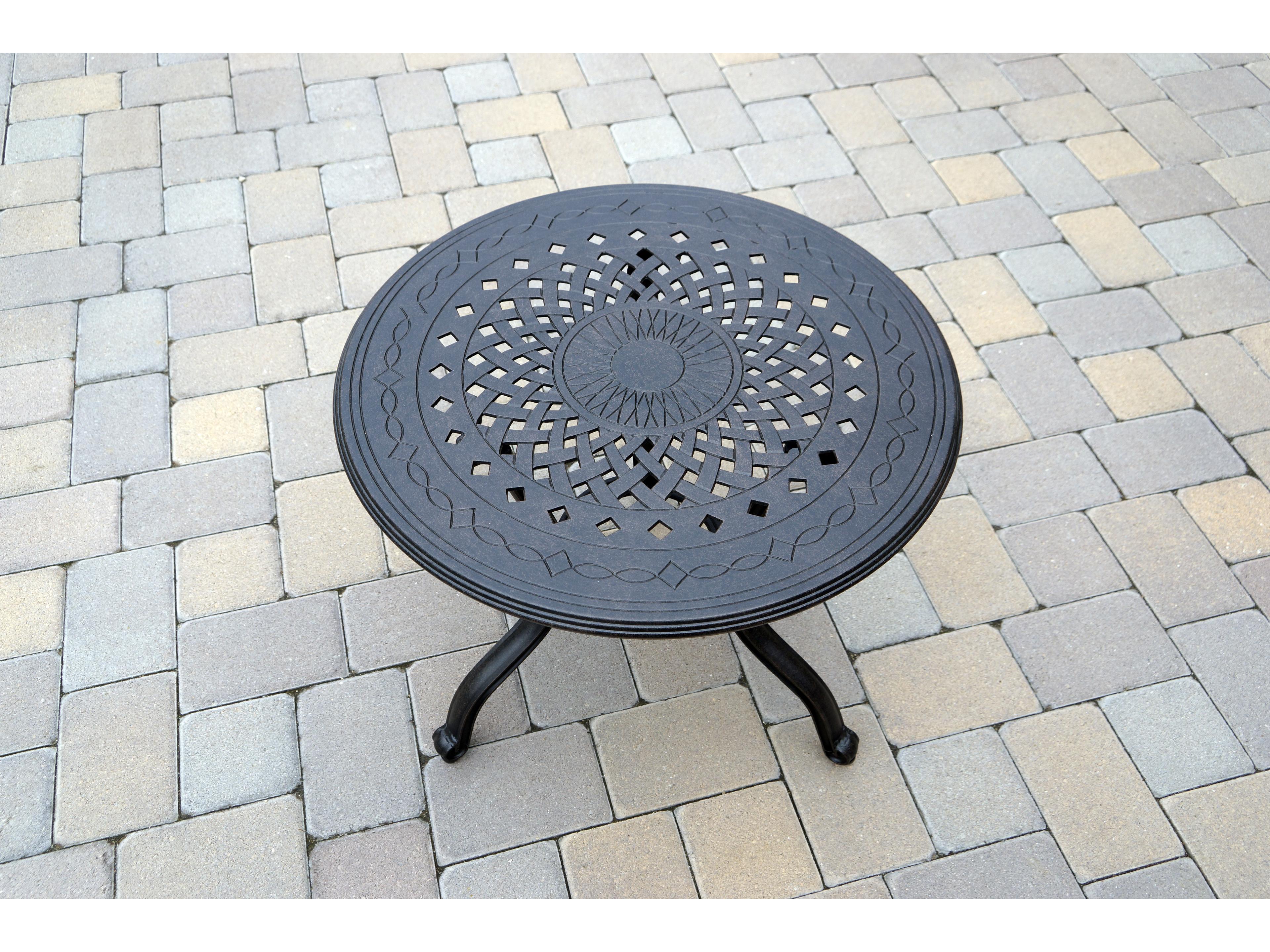 Darlee Outdoor Living Nassau Cast Aluminum Antique Bronze 3 Piece Lounge Set in Sesame Cushions with 24'' Wide Round End Table and Pillows