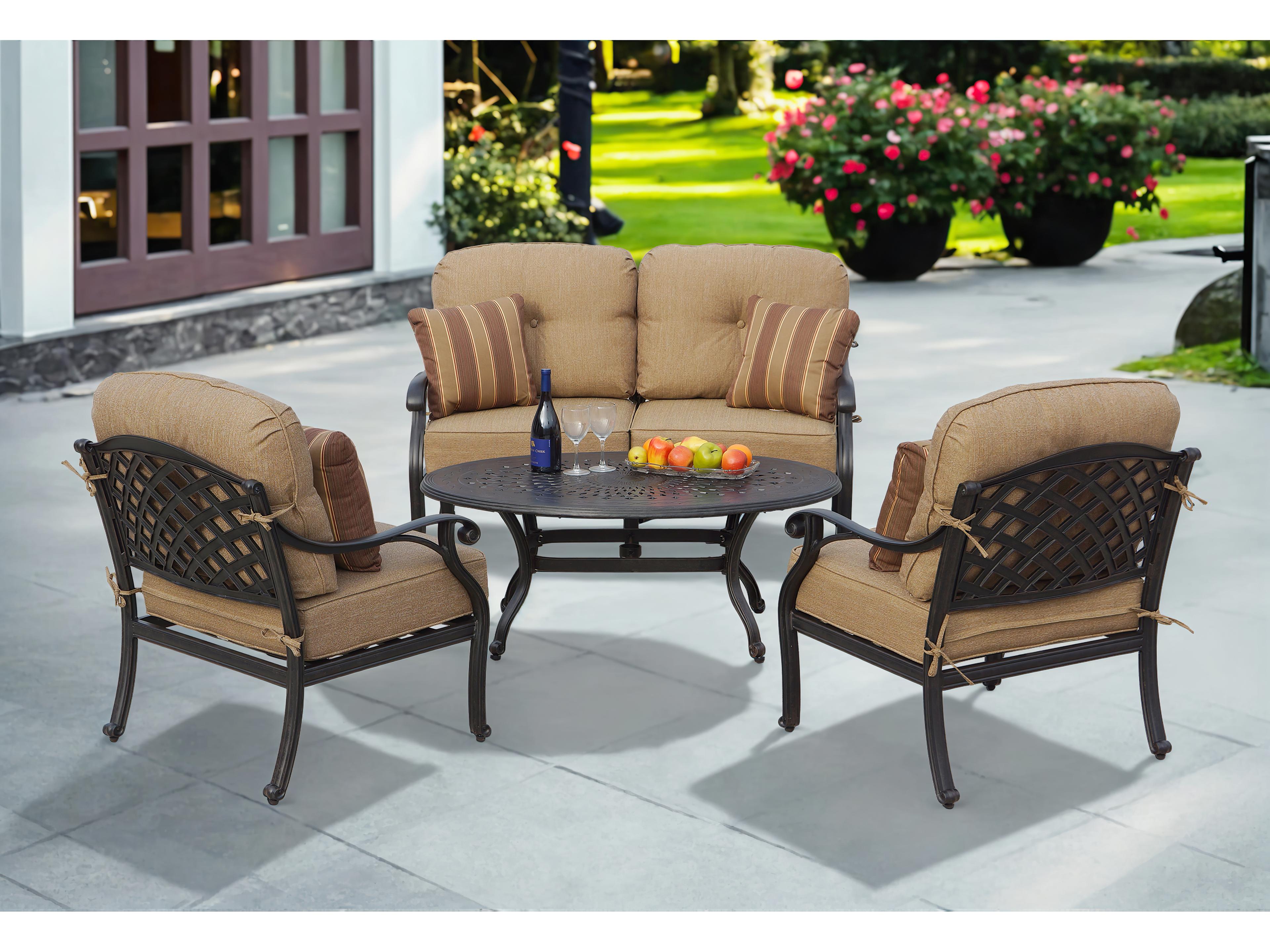 Nassau Cast Aluminum Antique Bronze 4 Piece Lounge Set in Sesame Cushions with 46''W x 31''D Oval Coffee Table