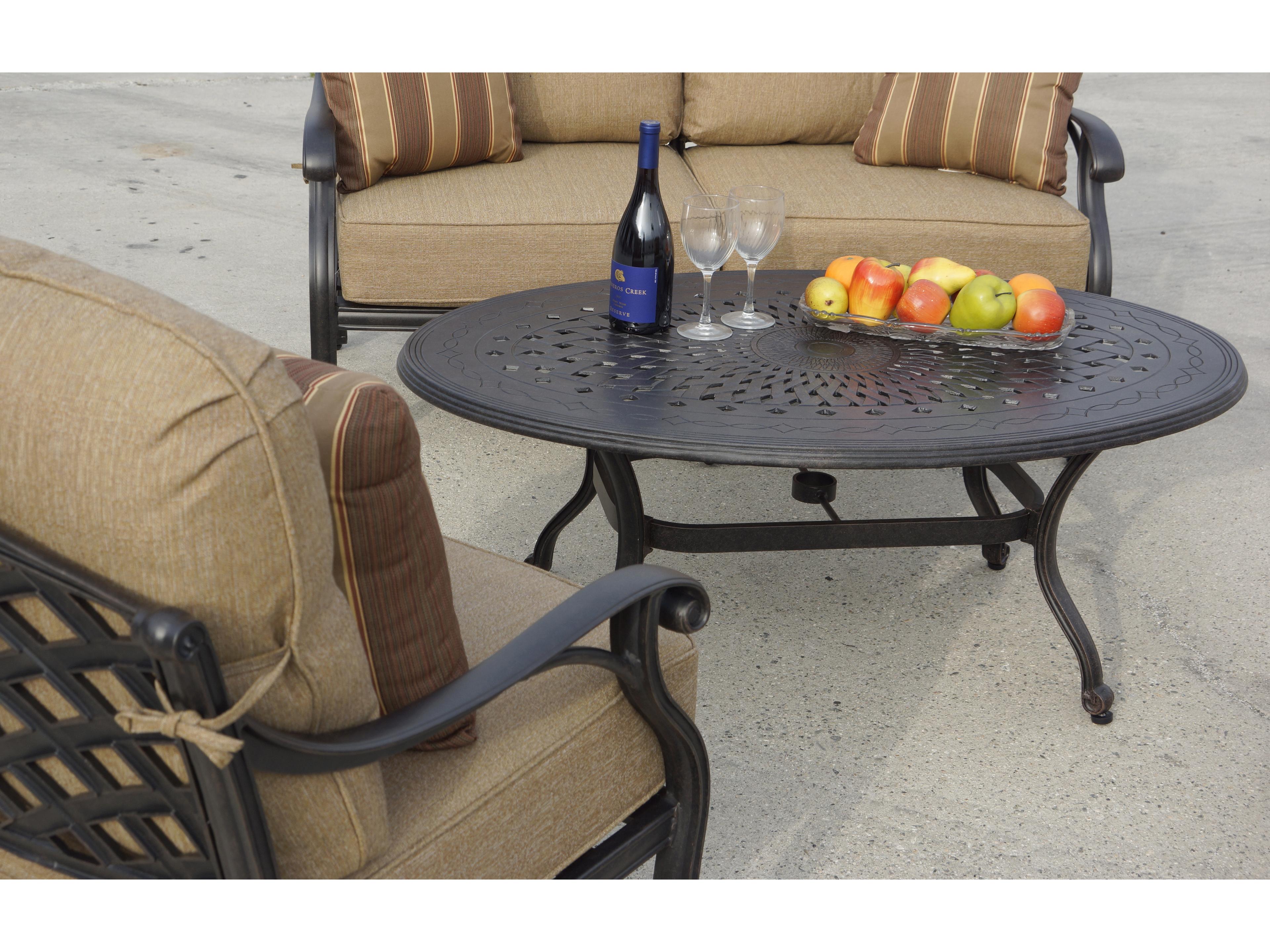 Darlee Outdoor Living Nassau Cast Aluminum Antique Bronze 4 Piece Lounge Set in Sesame Cushions with 46''W x 31''D Oval Coffee Table
