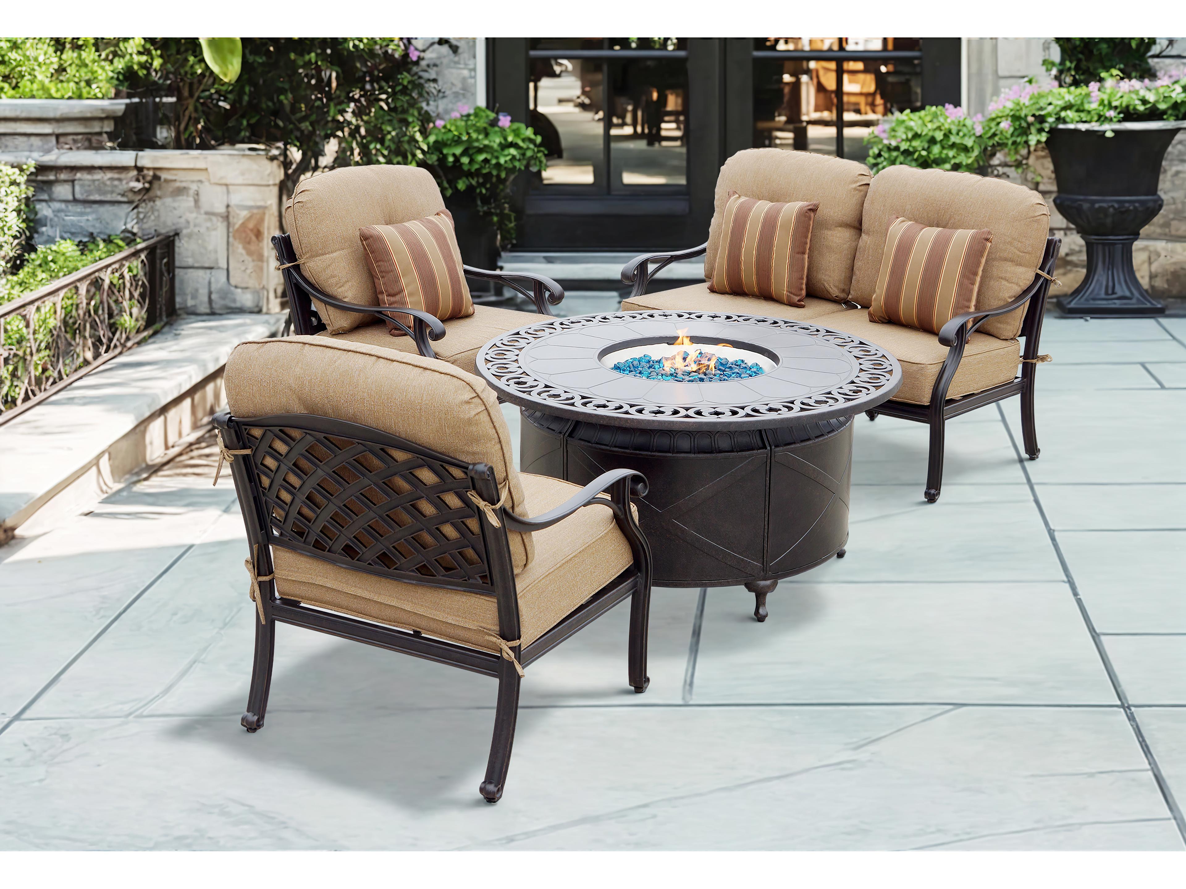 Nassau Cast Aluminum Antique Bronze 4 Piece Fire Pit Lounge Set in Sesame Cushions with 47'' Wide Round Chat Table with Fireglass