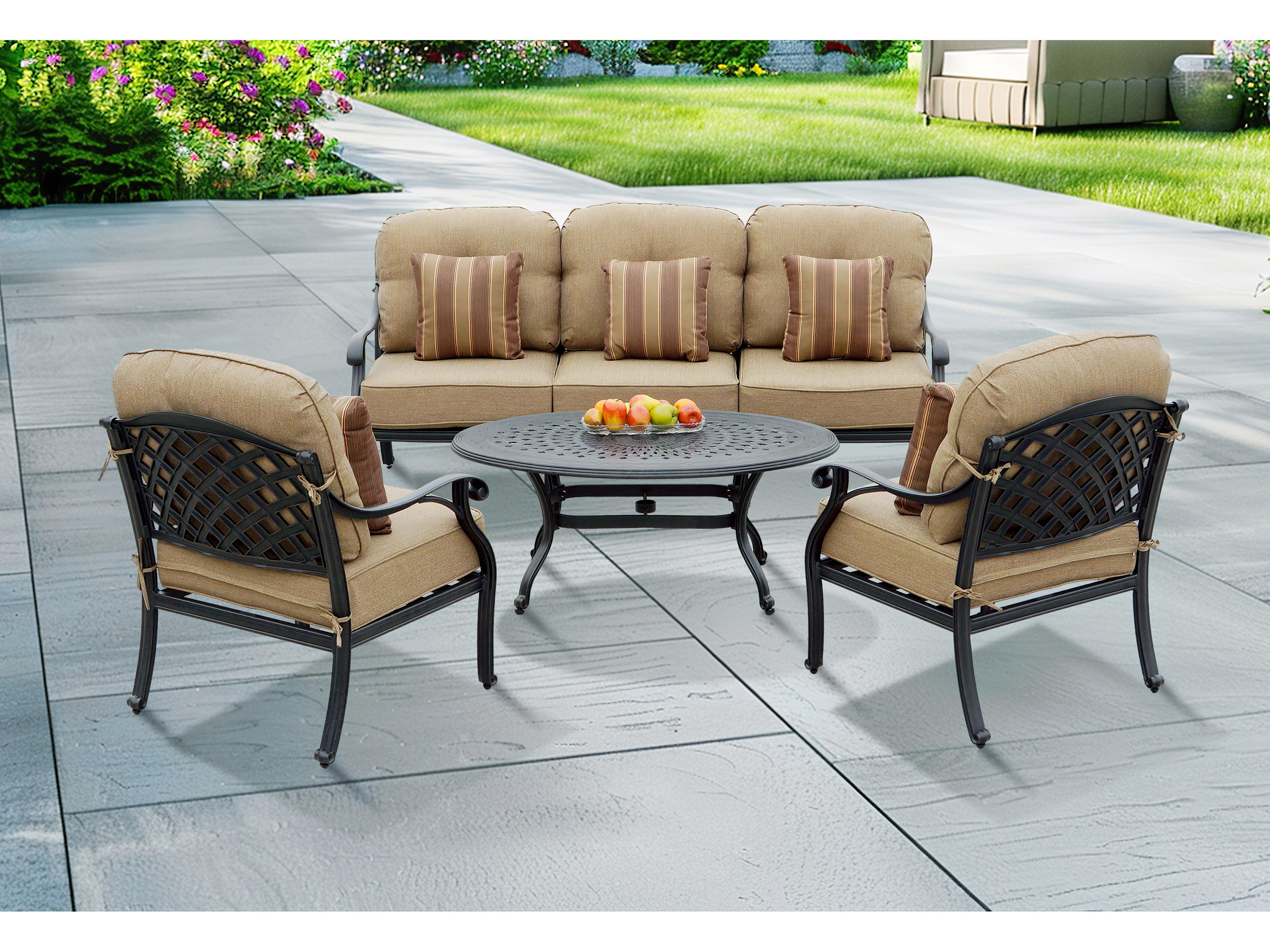 Nassau Cast Aluminum Antique Bronze 4 Piece Lounge Set in Sesame Cushions with 46''W x 31''D Oval Coffee Table