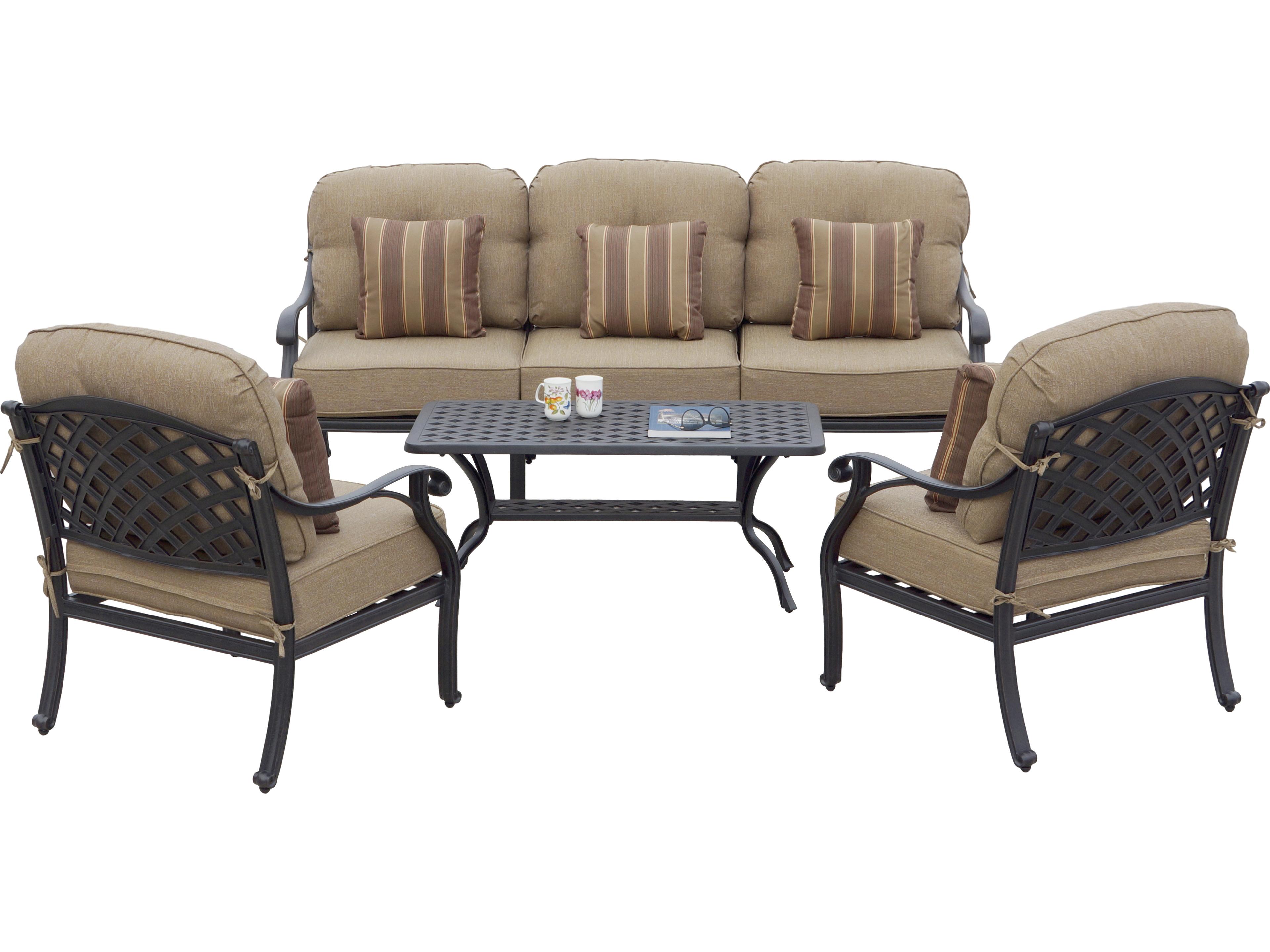 Nassau Cast Aluminum Antique Bronze 4 Piece Lounge Set in Sesame Cushions with 42''W x 21''D Rectangular Coffee Table