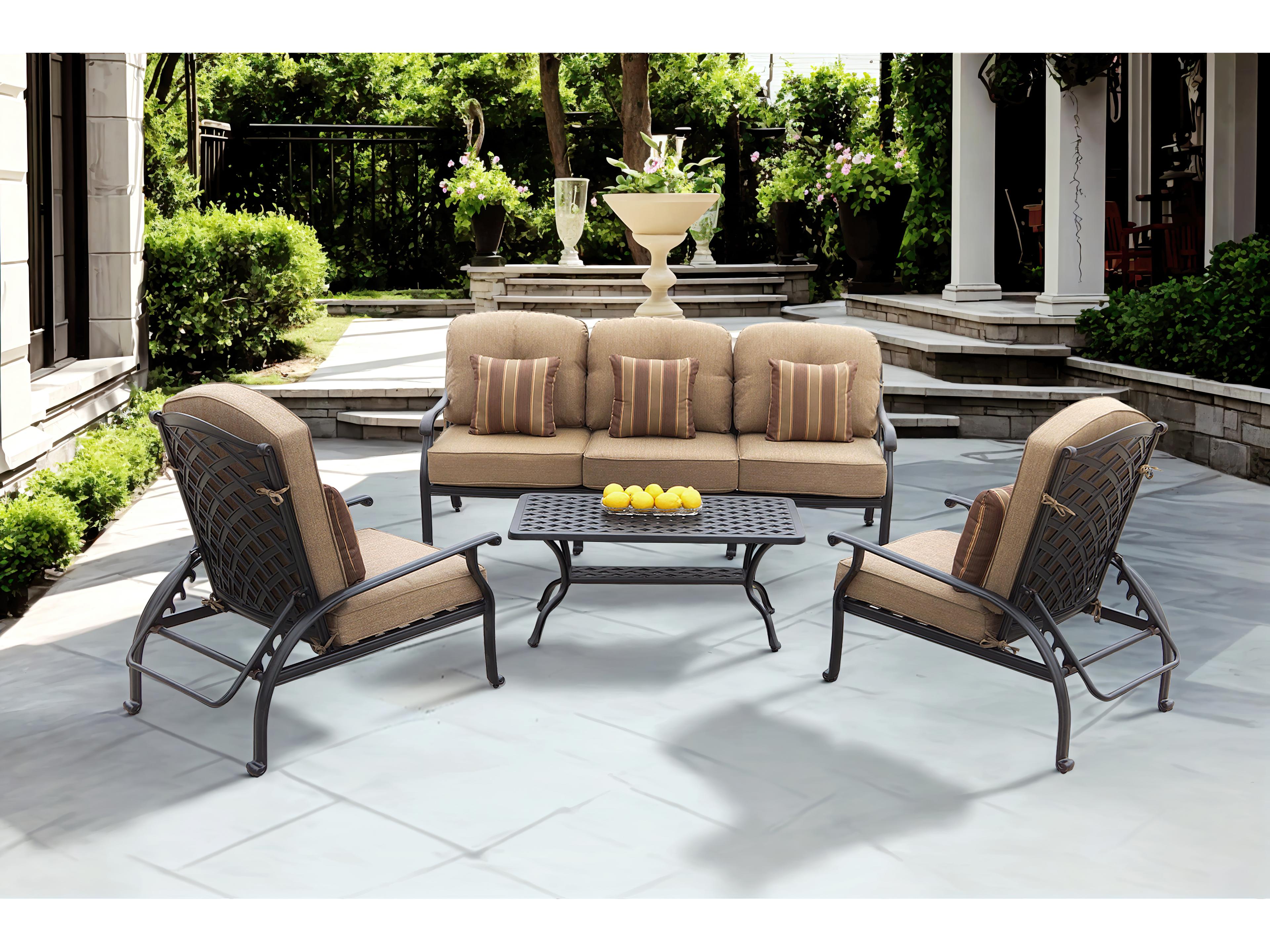 Nassau Cast Aluminum Antique Bronze 4 Piece Lounge Set in Sesame Cushions with 42''W x 21''D Rectangular Coffee Table