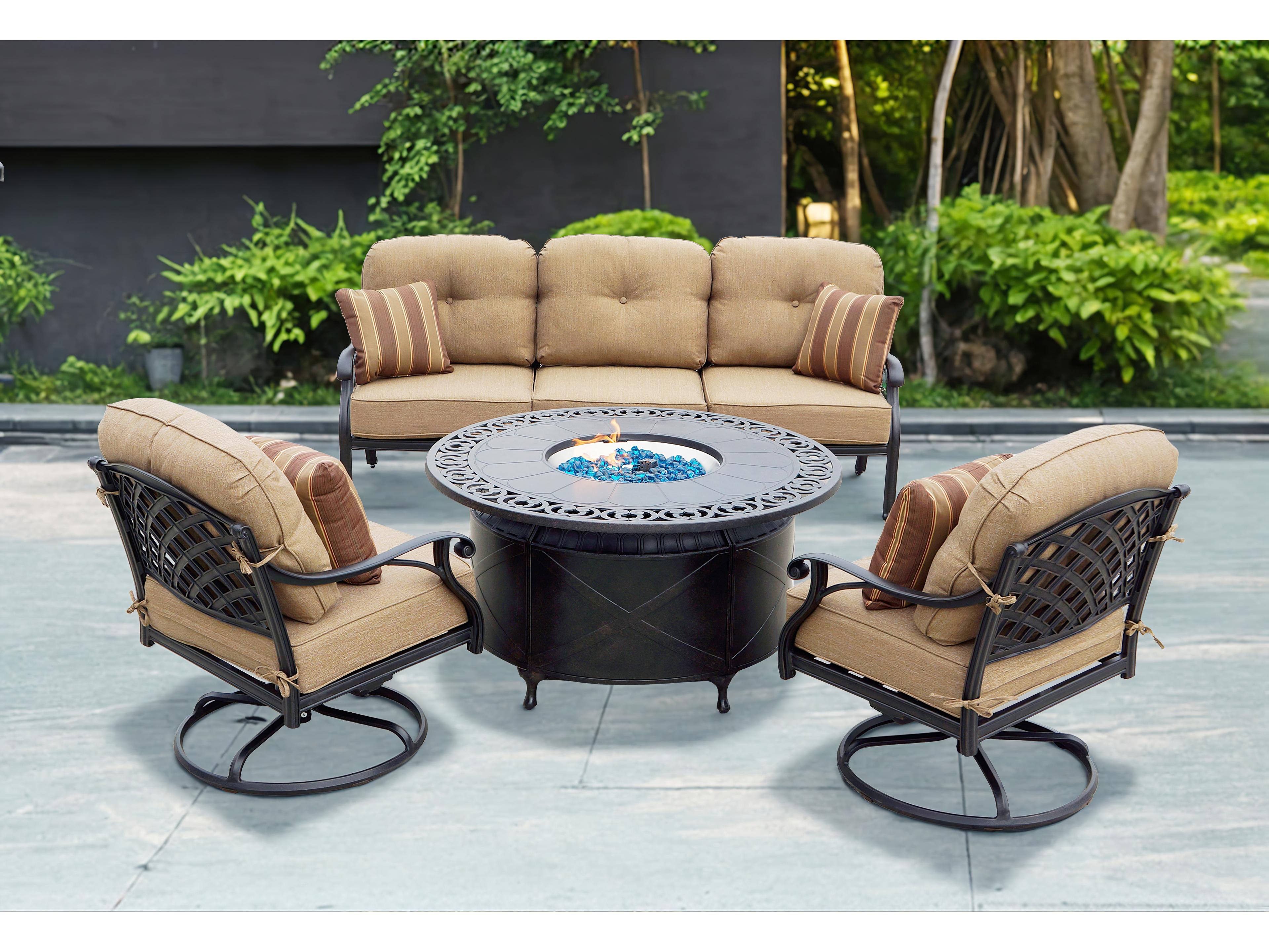 Nassau Cast Aluminum Antique Bronze 4 Piece Propane Fire Pit Lounge Set in Sesame Cushions with 47'' Wide Round Fire Pit Table and Fireglass