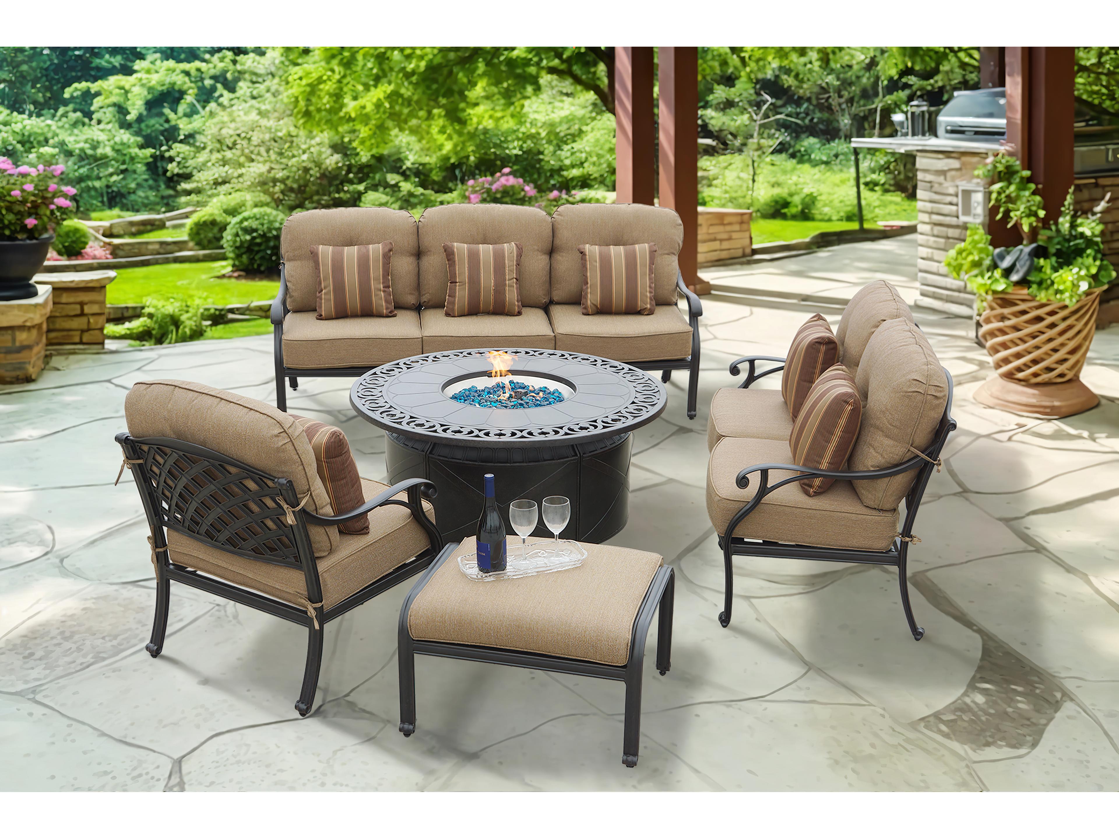 Nassau Cast Aluminum Antique Bronze 5 Piece Propane Fire Pit Lounge Set in Sesame Cushions with 47'' Wide Round Fire Pit Chat Table and Fireglass