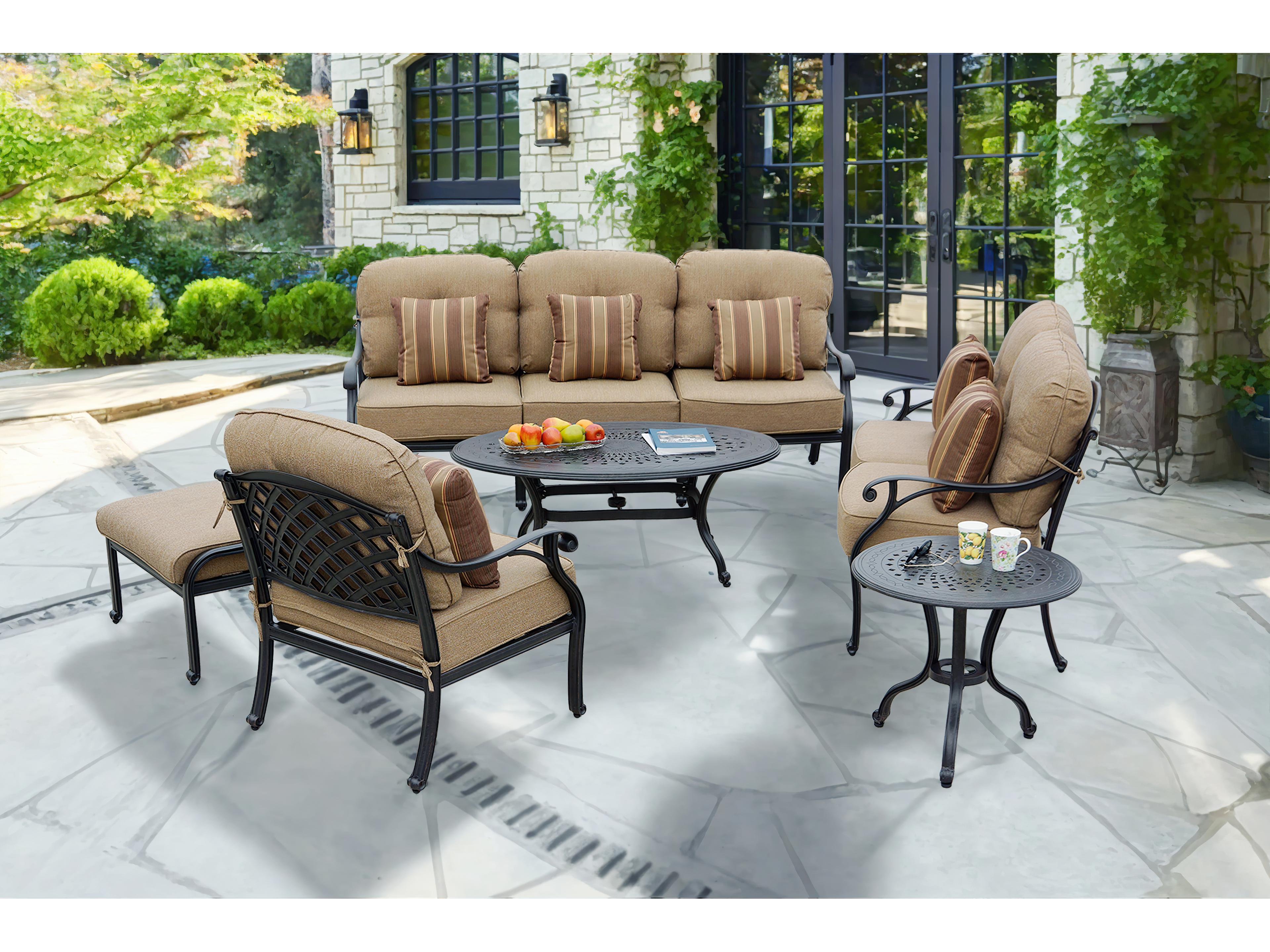 Nassau Cast Aluminum Antique Bronze 6 Piece Lounge Set in Sesame Cushions with 46''W x 31''D Oval Coffee Table
