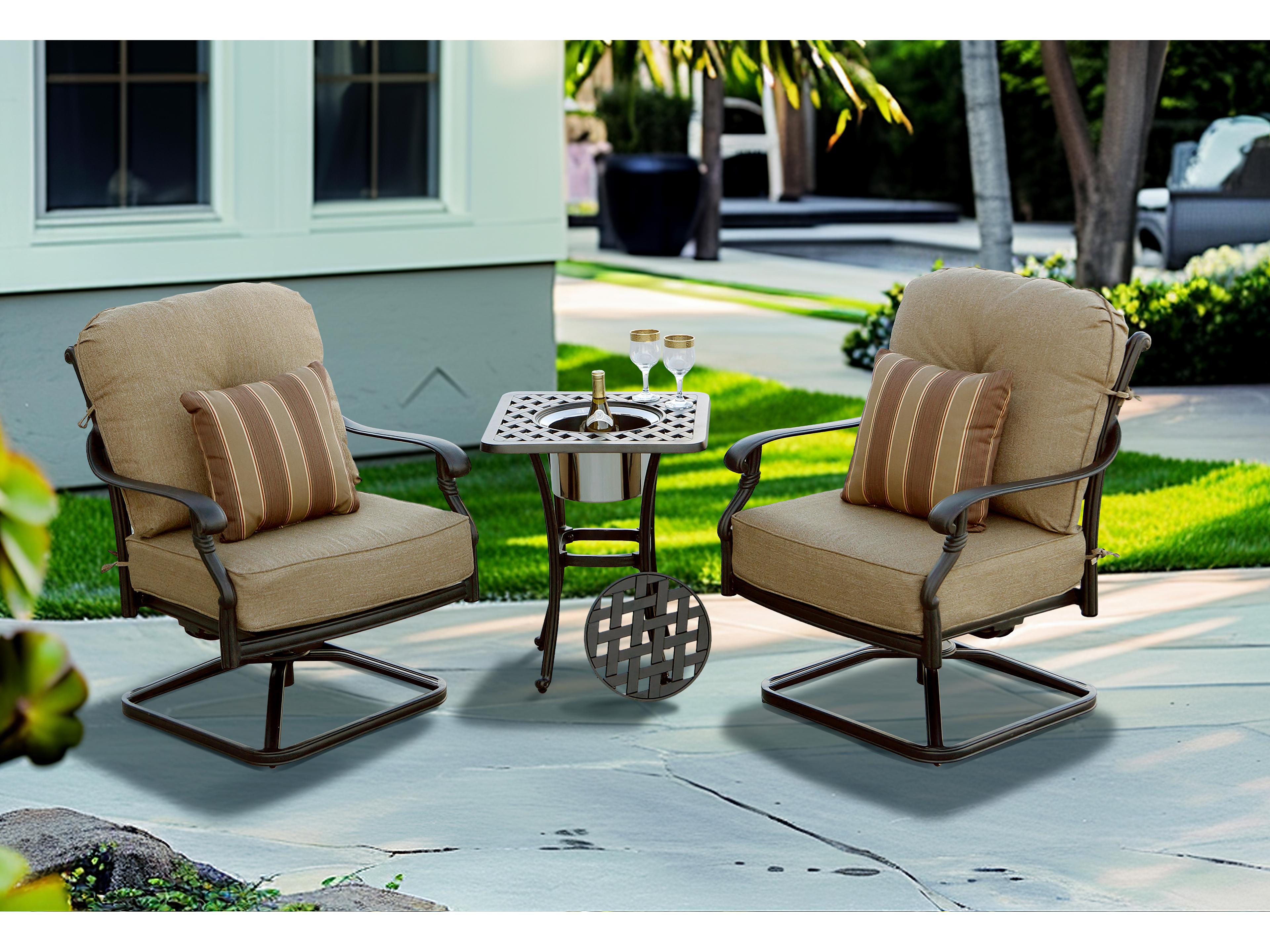 Santa Monica Cast Aluminum Antique Bronze 3 Piece Lounge Set in Sesame Cushions with 21'' Wide Round Ice Bucket End Table