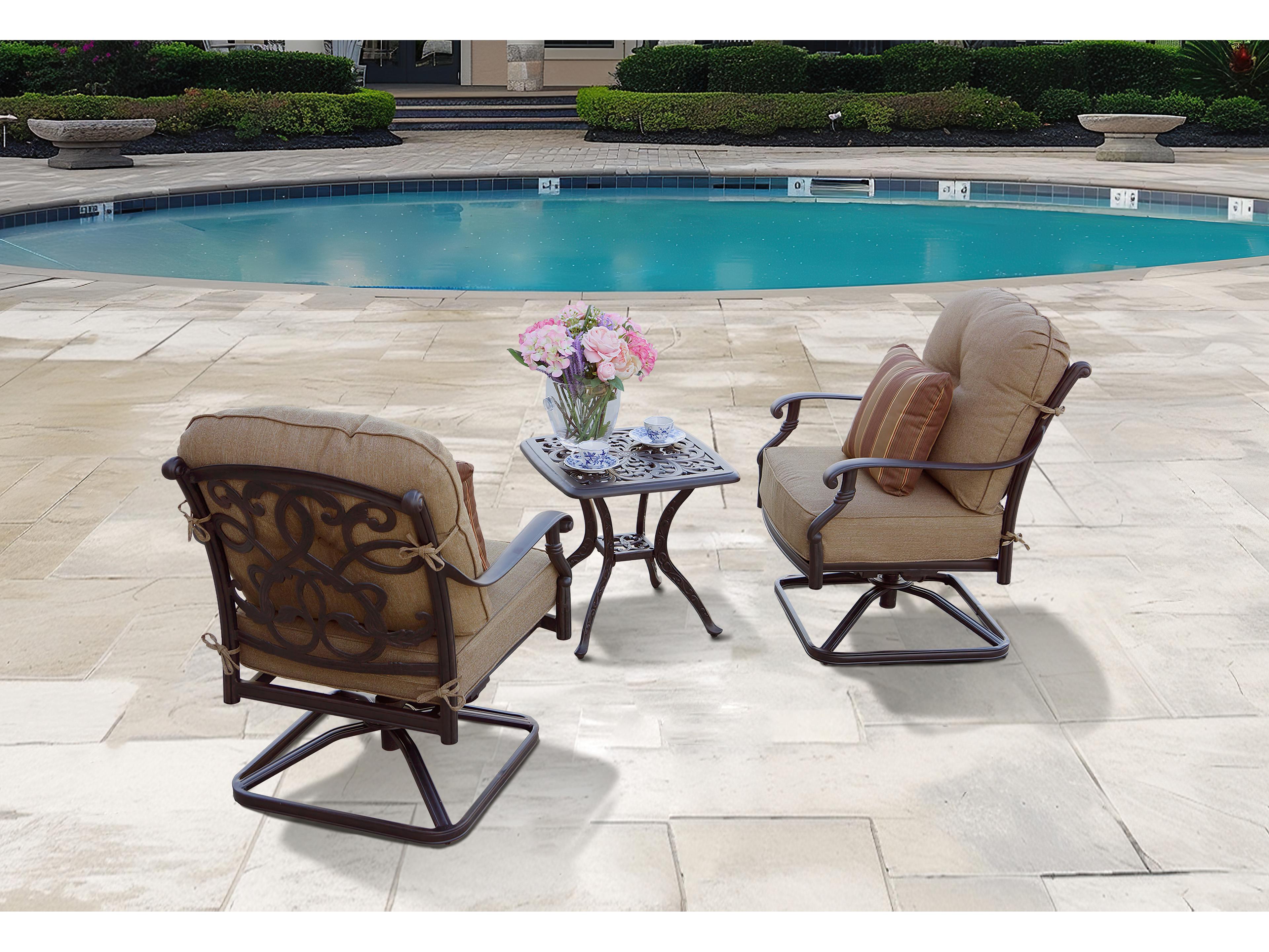 Darlee Outdoor Living Santa Monica Cast Aluminum Antique Bronze 3 Piece Lounge Set in Sesame Cushions with 21'' Wide Square End Table