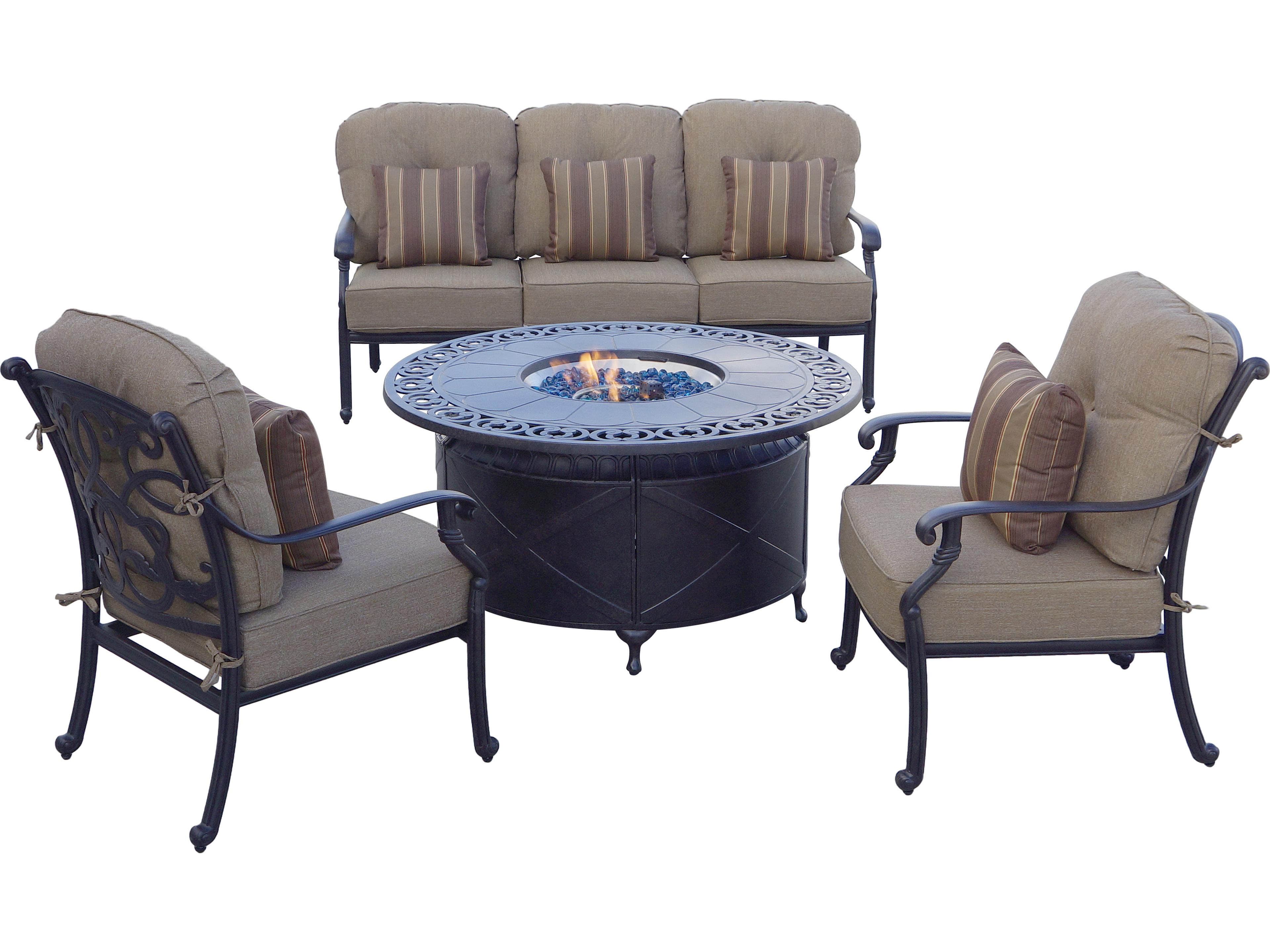 Santa Monica Cast Aluminum Antique Bronze 4 Piece Propane Fire Pit Lounge Set in Sesame Cushions with 47'' Wide Round Fire Pit Chat Table