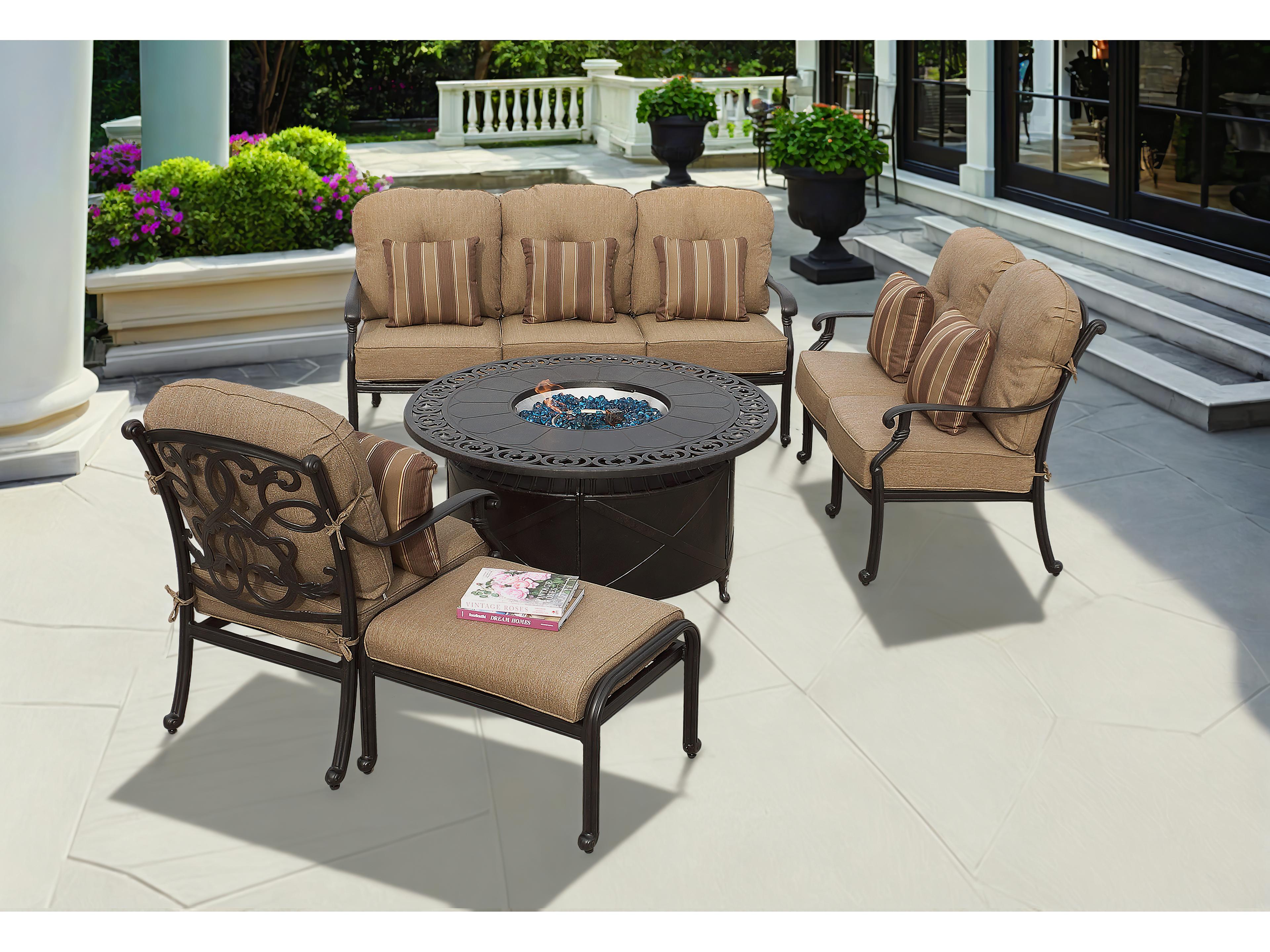 Santa Monica Cast Aluminum Antique Bronze 5 Piece Propane Fire Pit Lounge Set in Sesame Cushions with 52'' Wide Round Fire Pit Chat Table
