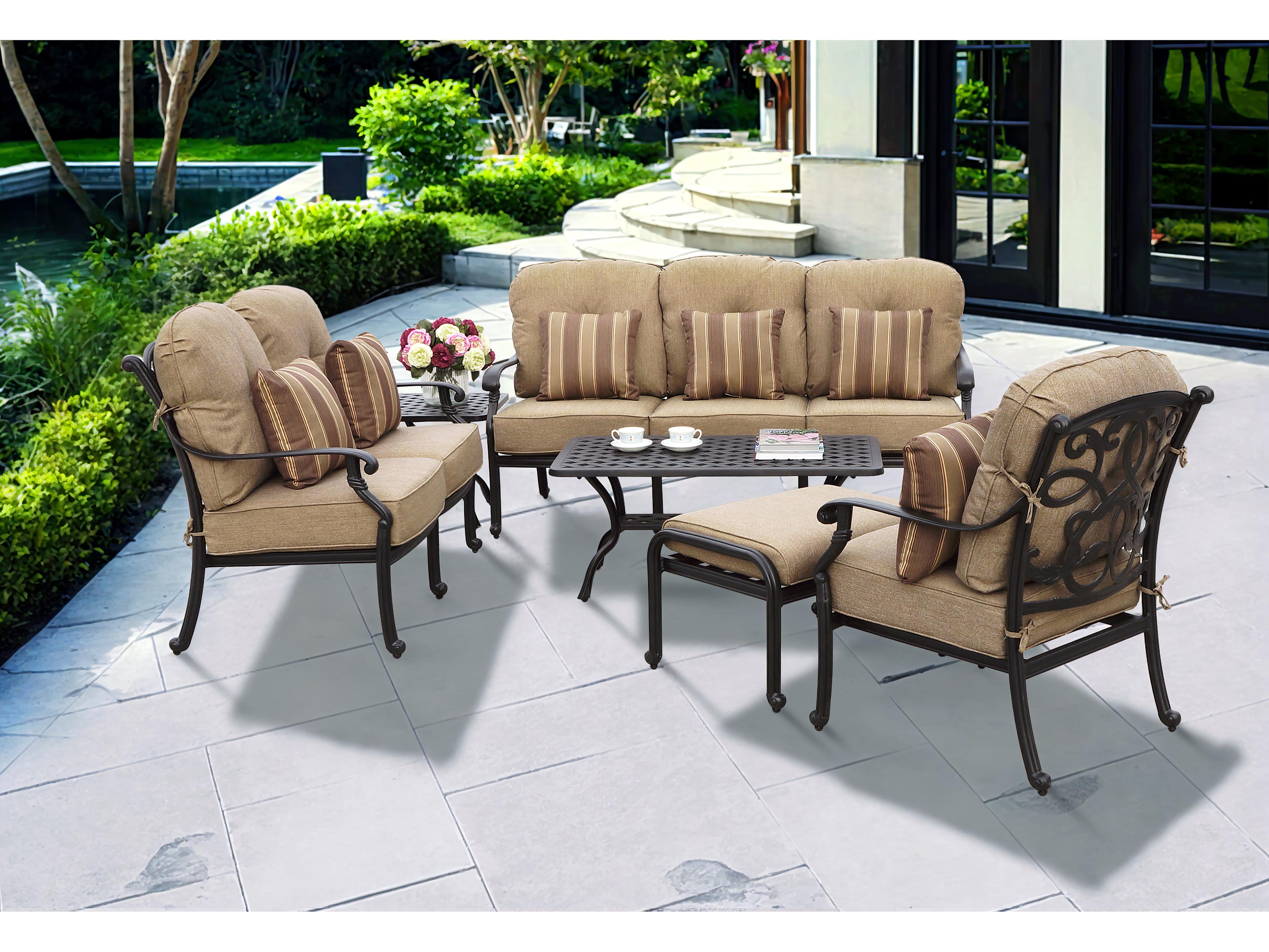 Santa Monica Cast Aluminum Antique Bronze 6 Piece Lounge Set in Sesame Cushions with 42''W x 21''D Rectangular Coffee Table