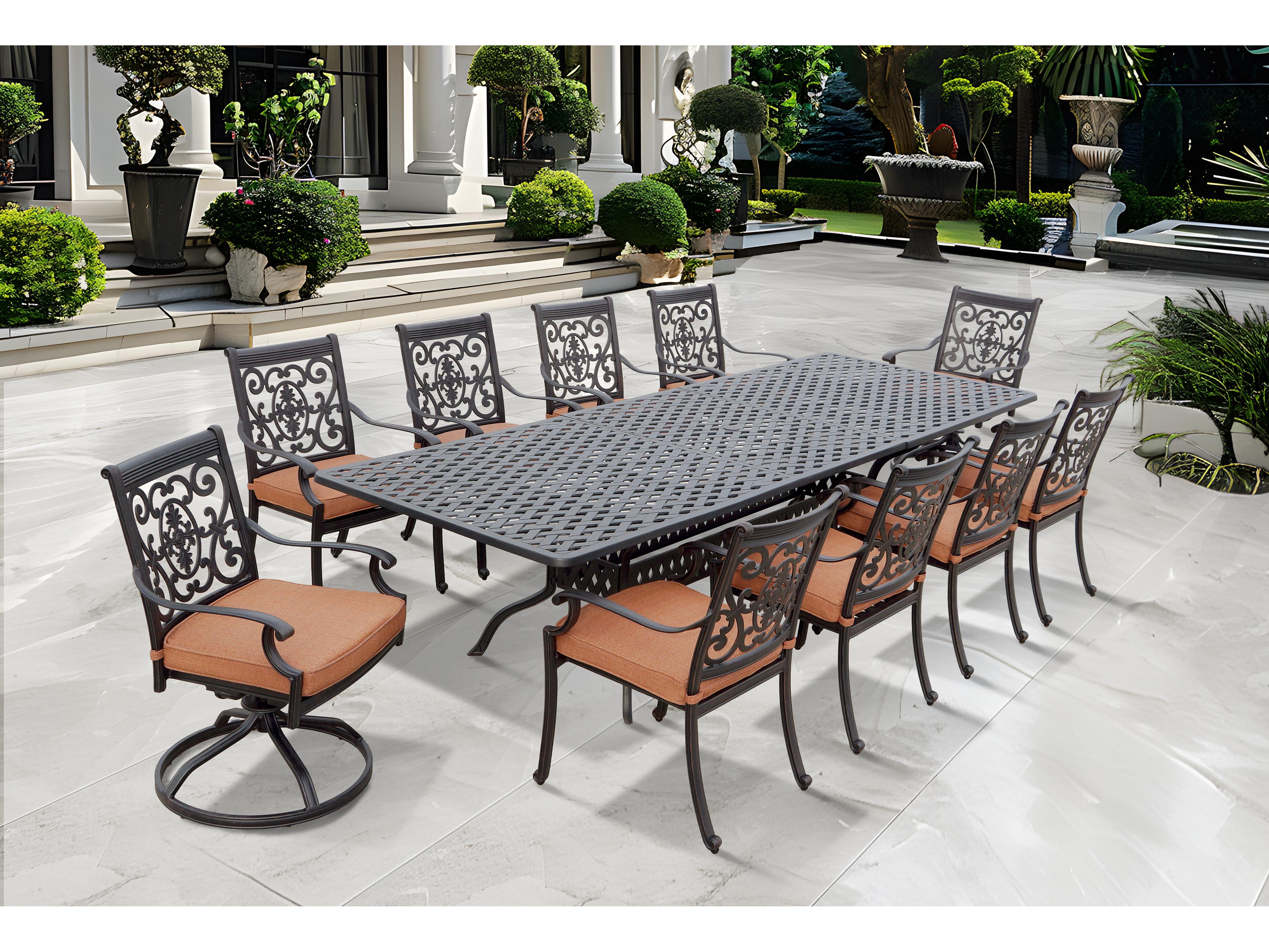 St. Cruz Antique Bronze Cast Aluminum 11 Piece Dining Set in Spicy Chill with 92-120''W x 42''D Rectangular Extension Table